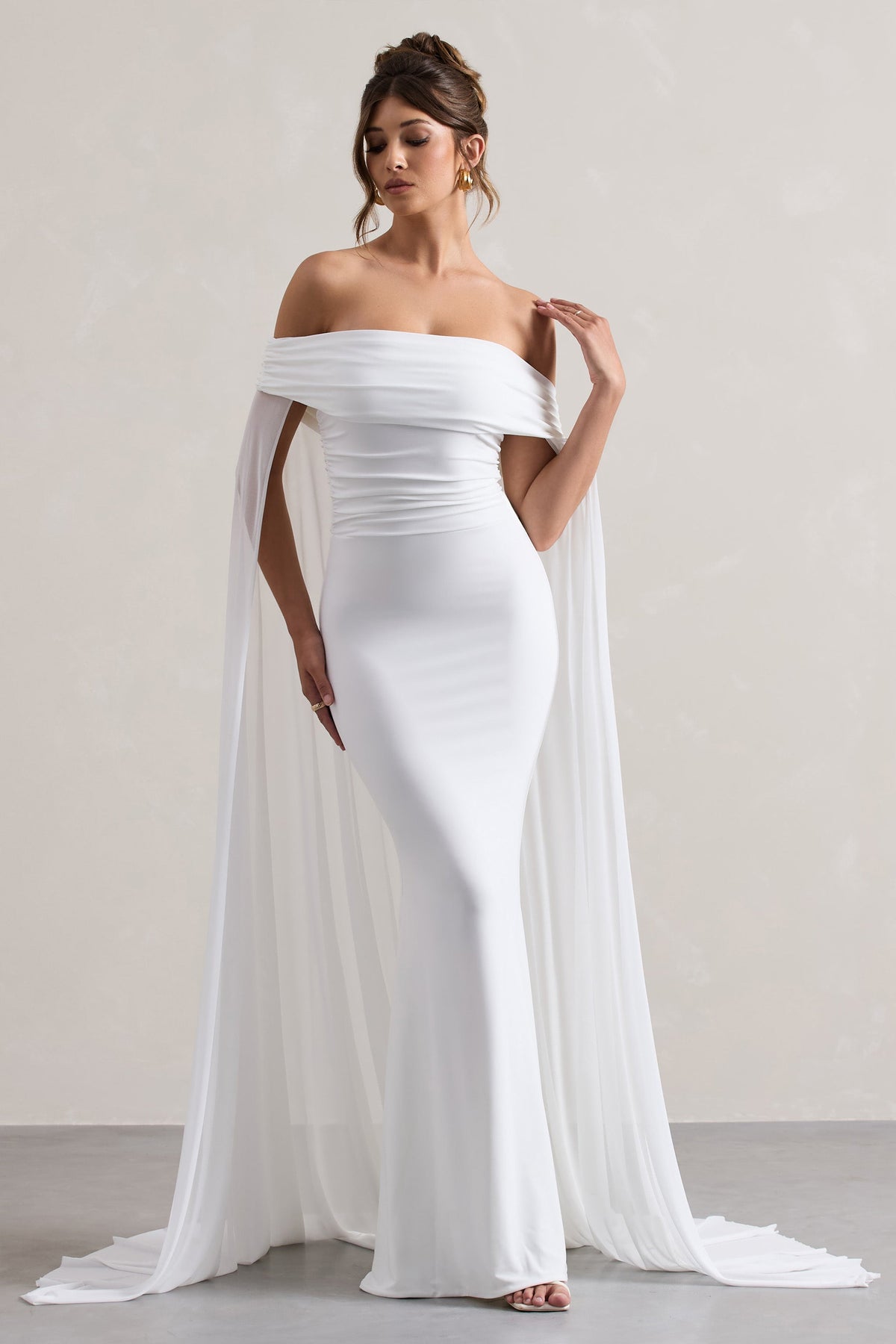 Carlotta | White Bardot Maxi Dress With Chiffon Cape