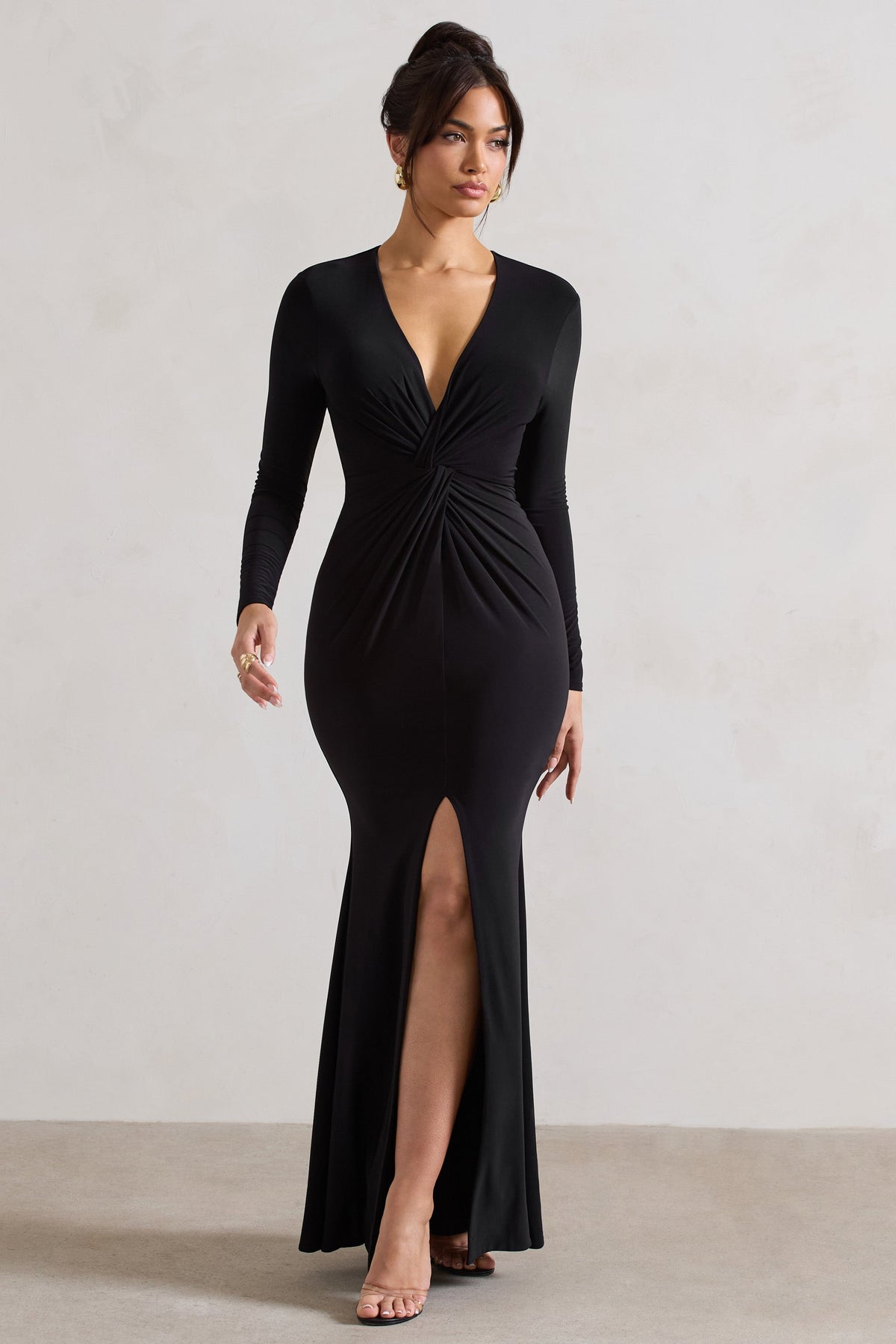 Tianna | Black Plunge-Neck Twisted Split Maxi Dress