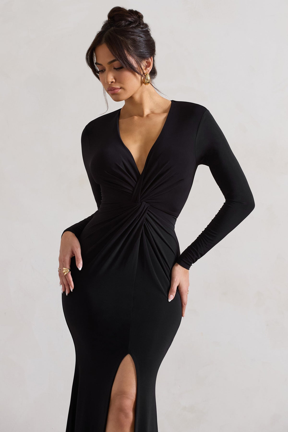 Tianna | Black Plunge-Neck Twisted Split Maxi Dress