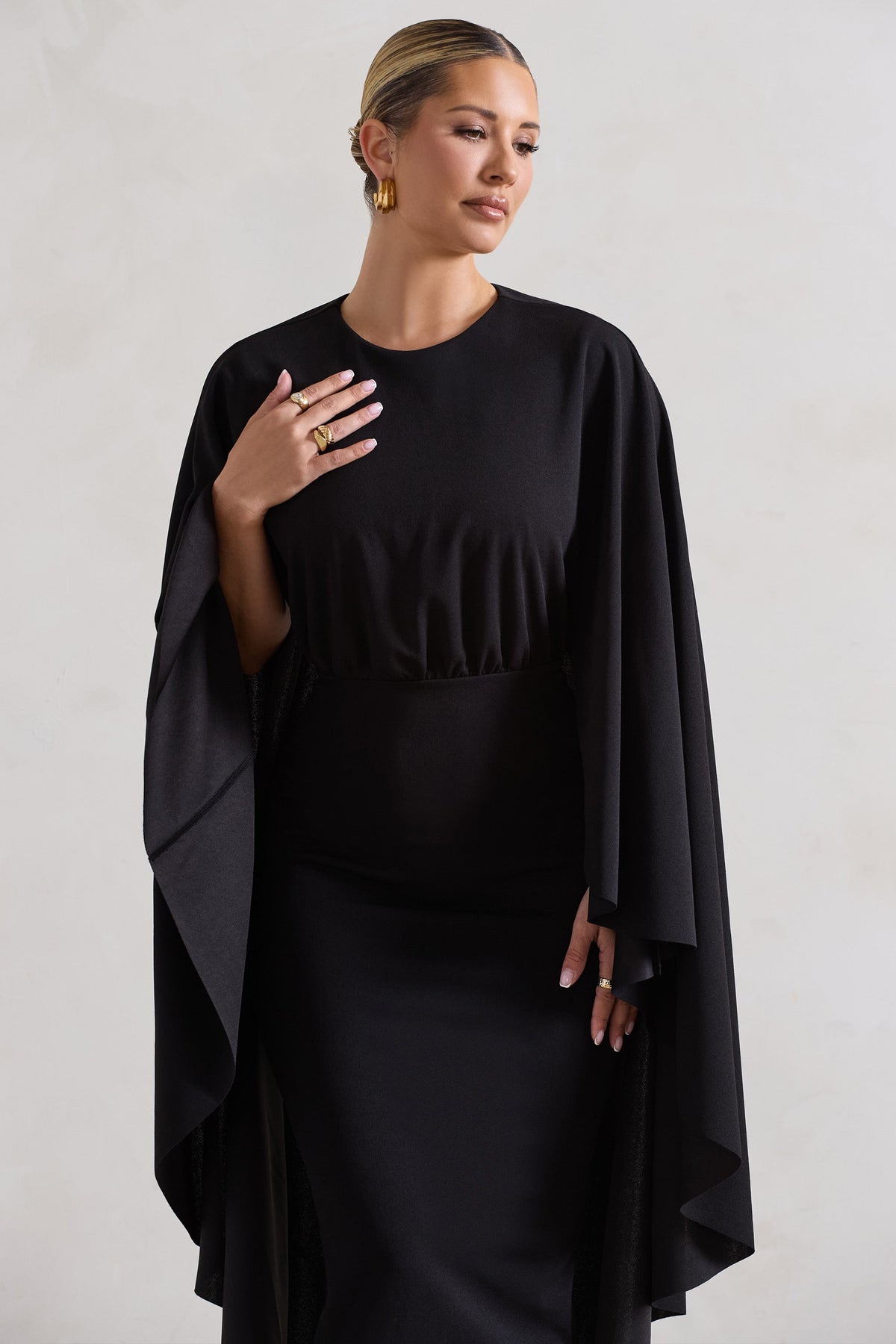 Tranquility | Black Gathered Midi Dress With Cape