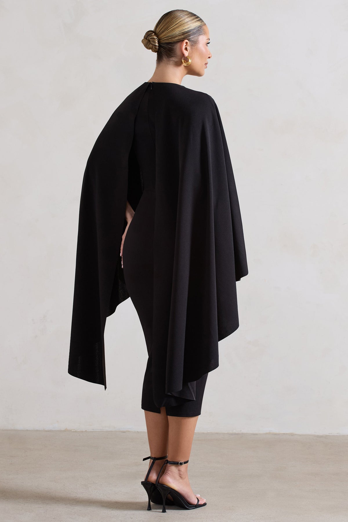 Tranquility | Black Gathered Midi Dress With Cape