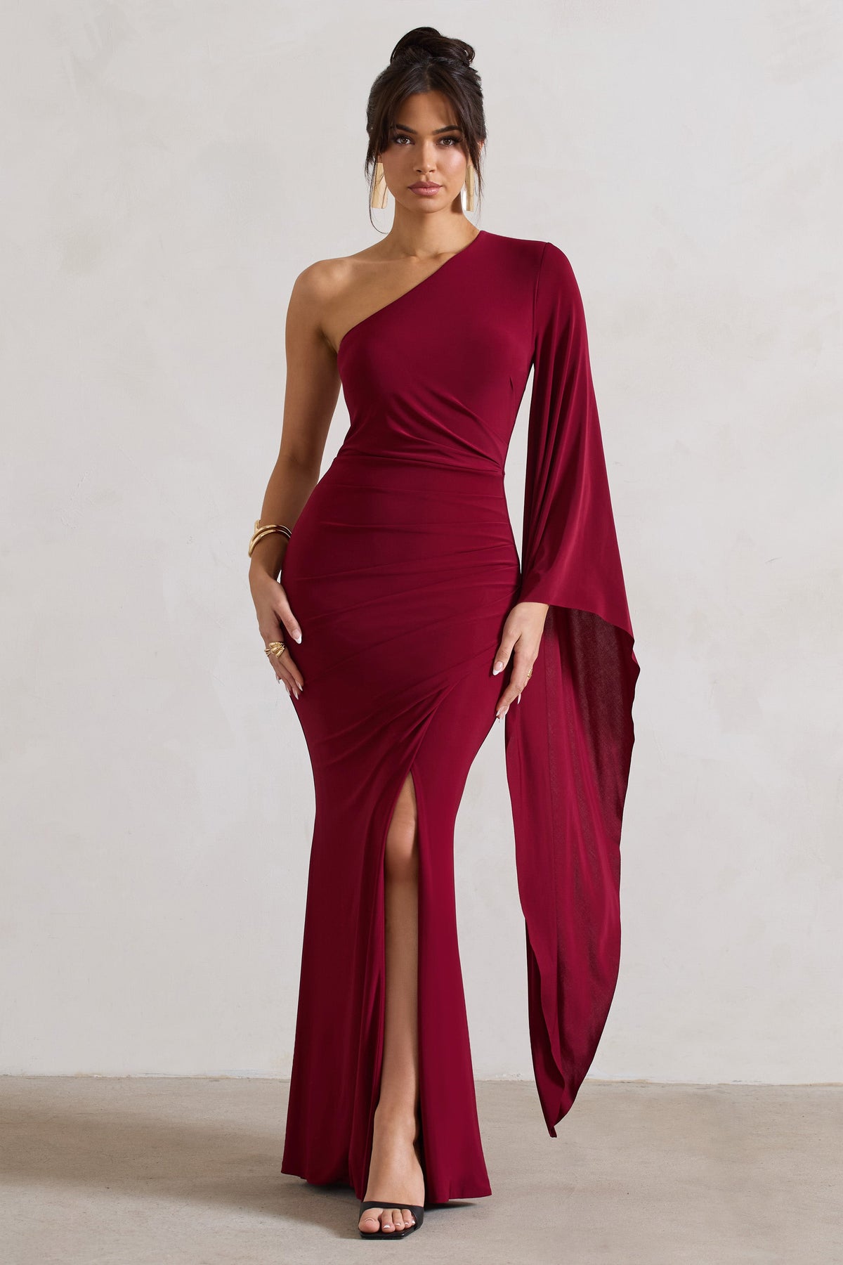 Giada | Berry Ruched Asymmetric Maxi Dress With Cape Sleeve