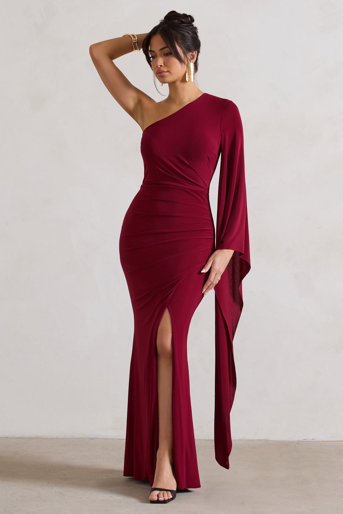 Giada | Berry Ruched Asymmetric Maxi Dress With Cape Sleeve