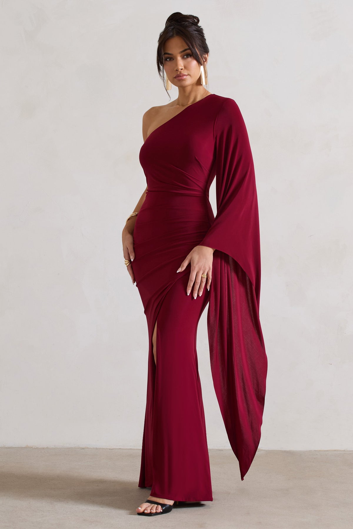 Giada | Berry Ruched Asymmetric Maxi Dress With Cape Sleeve