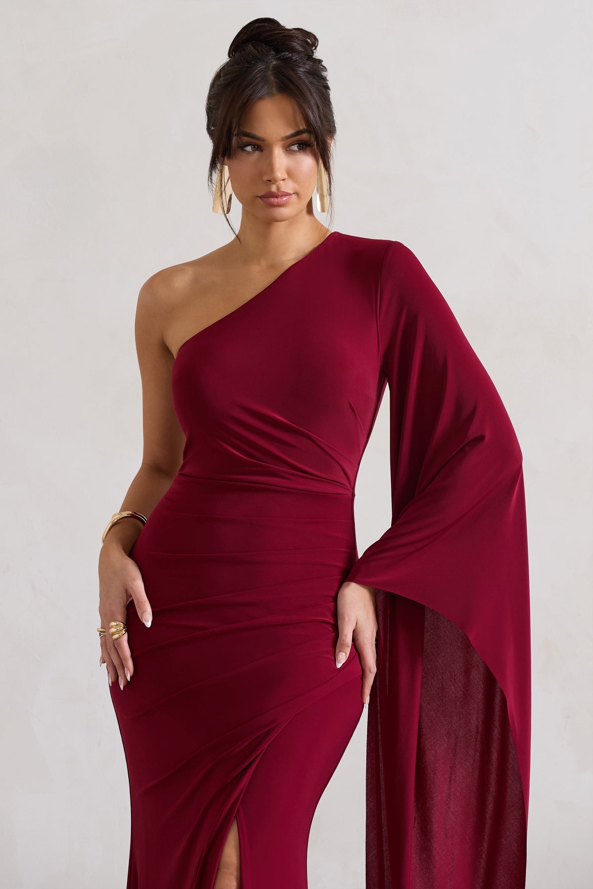 Giada | Berry Ruched Asymmetric Maxi Dress With Cape Sleeve