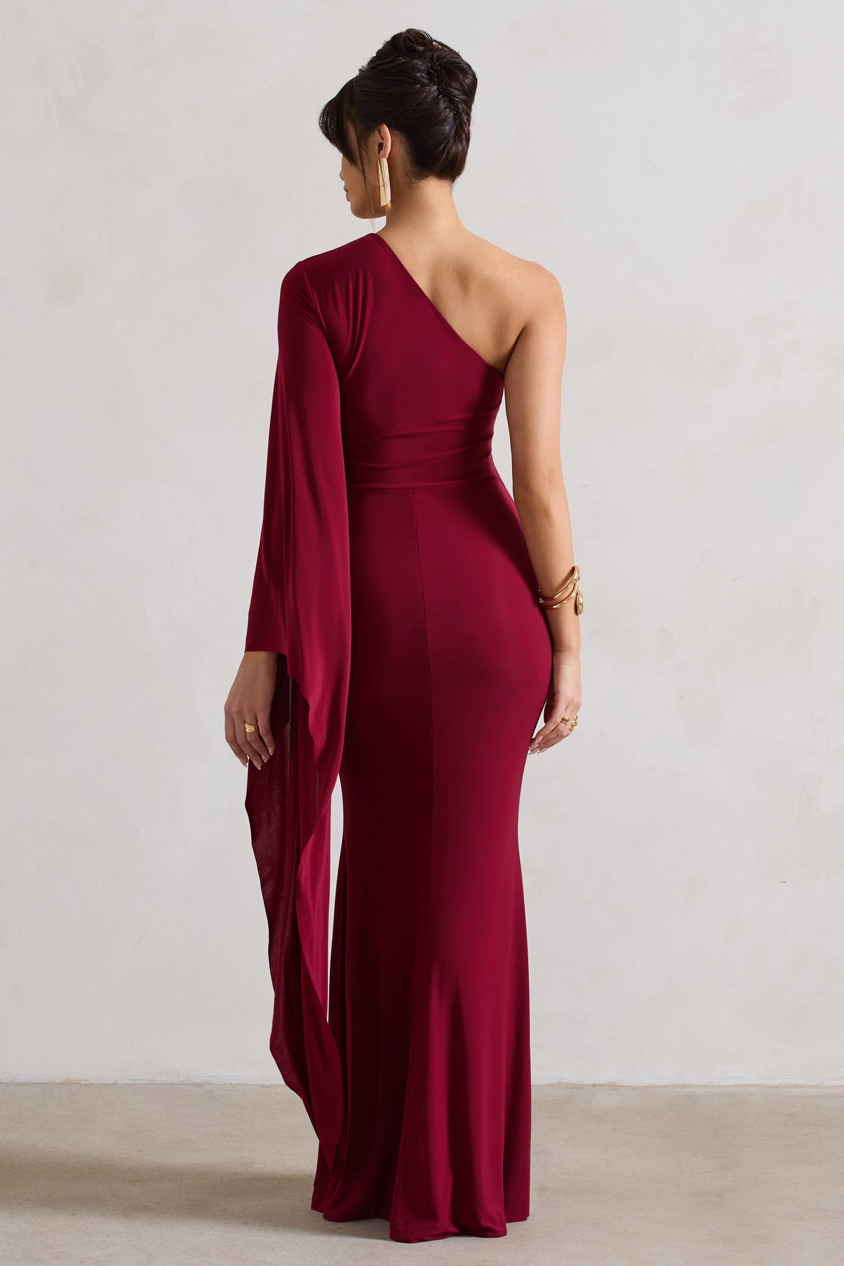 Giada | Berry Ruched Asymmetric Maxi Dress With Cape Sleeve