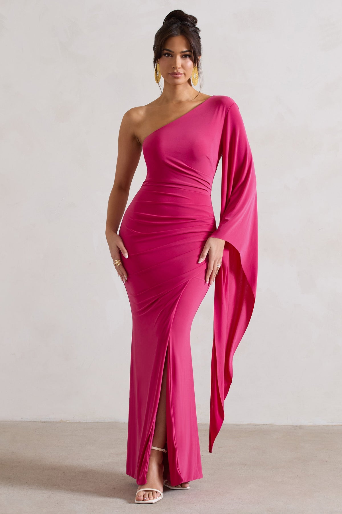 Giada | Dark Pink Ruched Asymmetric Maxi Dress With Cape Sleeve