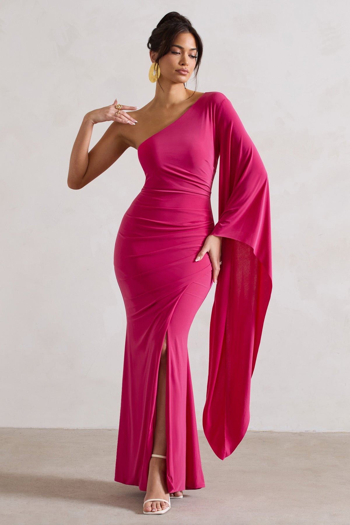 Giada | Dark Pink Ruched Asymmetric Maxi Dress With Cape Sleeve