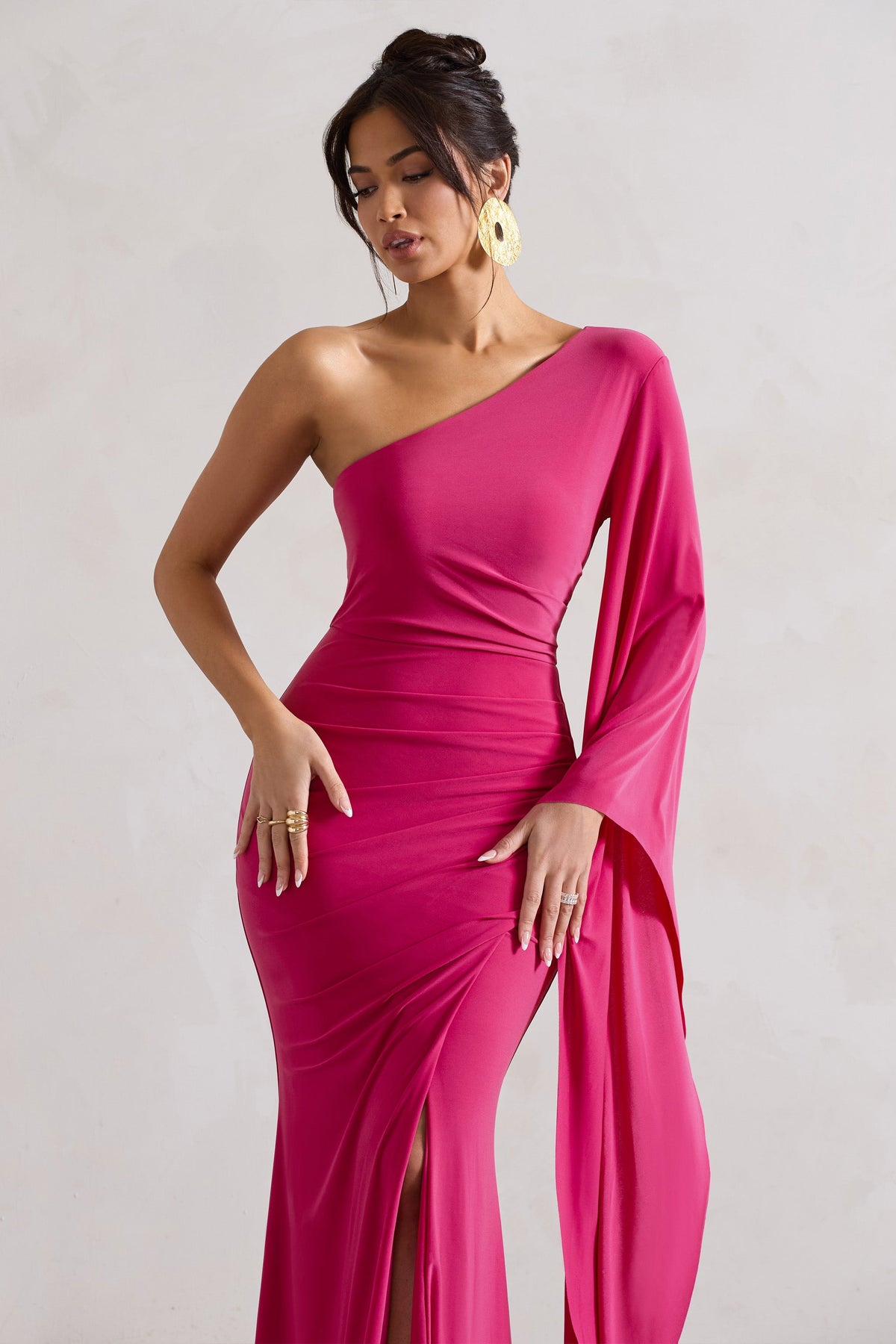 Giada | Dark Pink Ruched Asymmetric Maxi Dress With Cape Sleeve