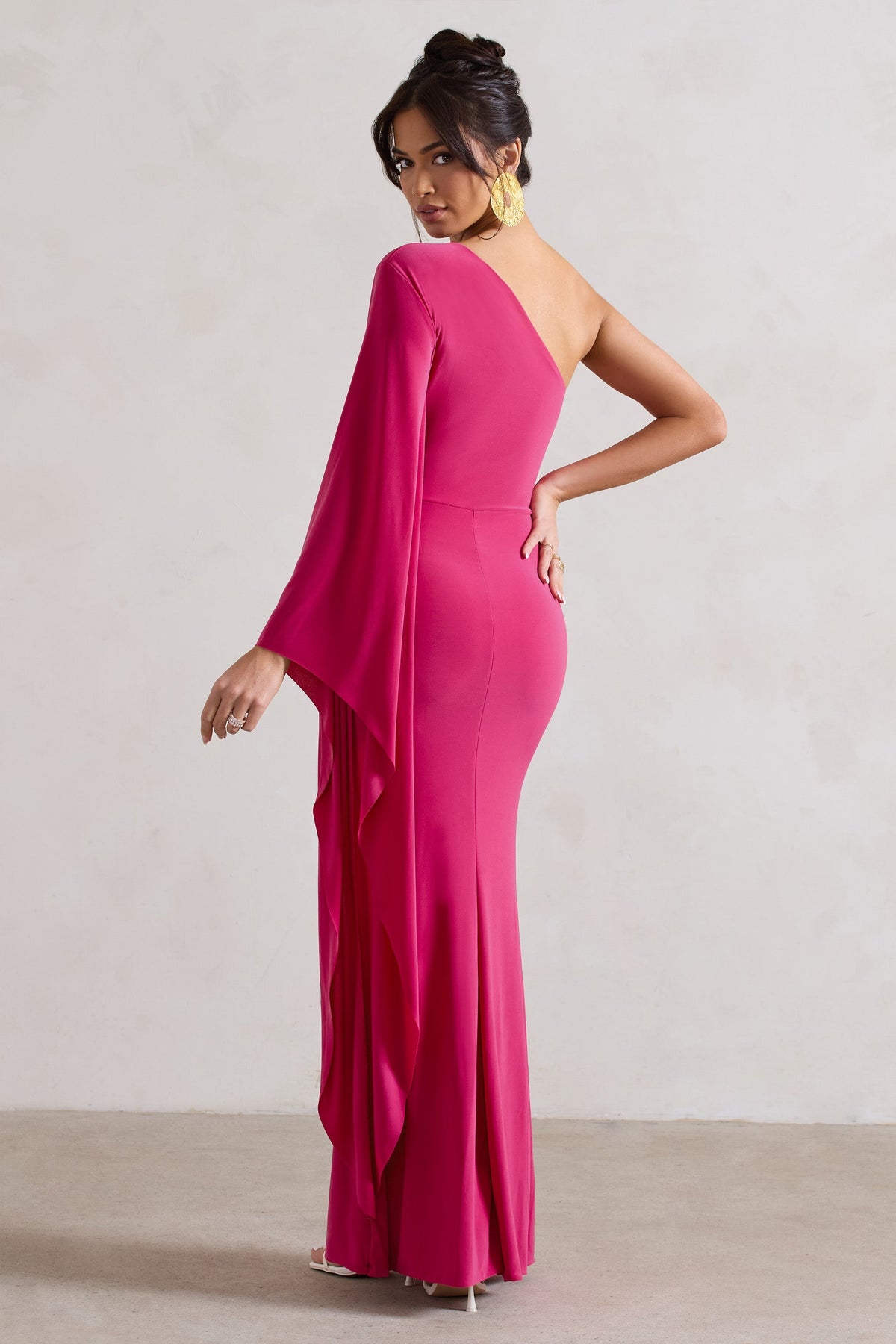 Giada | Dark Pink Ruched Asymmetric Maxi Dress With Cape Sleeve