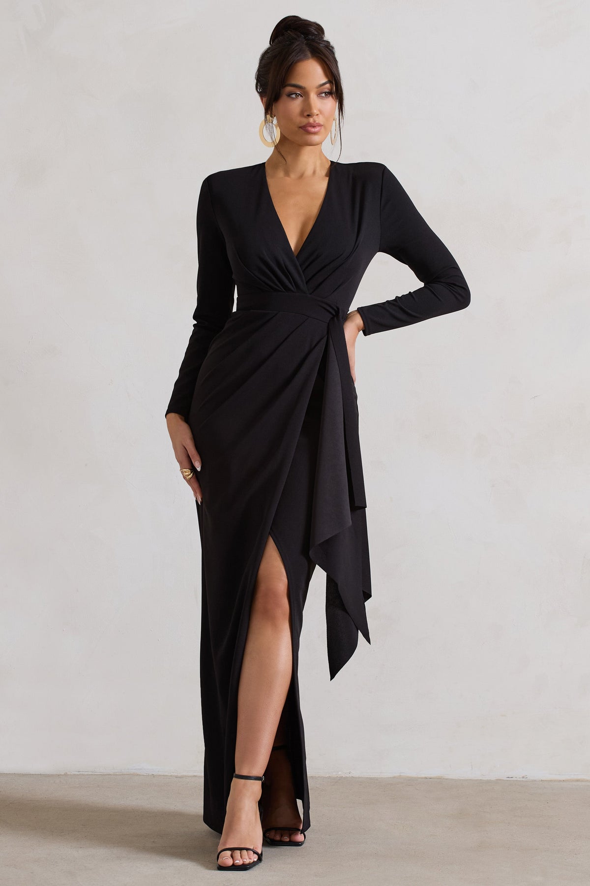 Odetta | Black Plunge-Neck Wrap Maxi Dress With Tie Waist