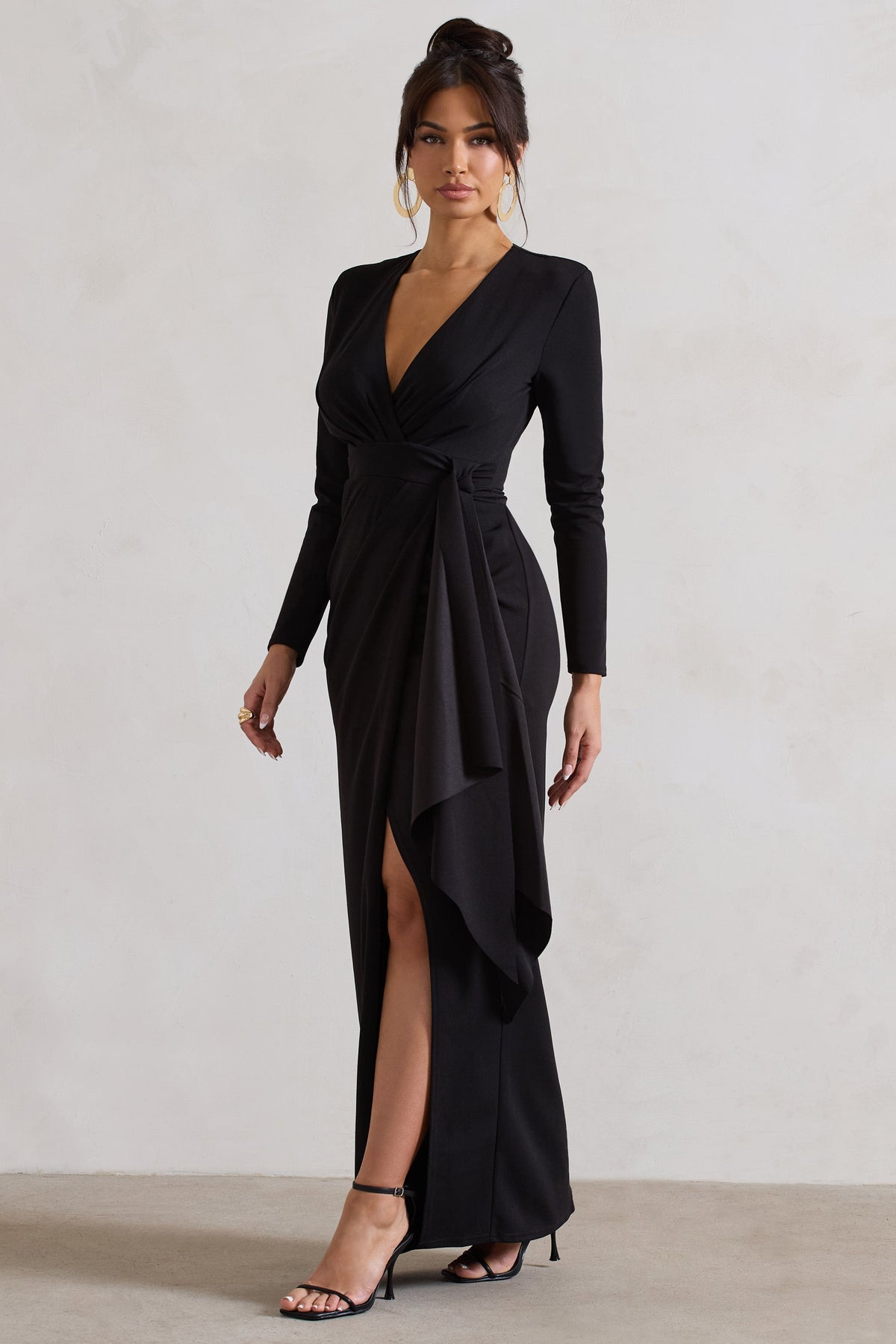 Odetta | Black Plunge-Neck Wrap Maxi Dress With Tie Waist