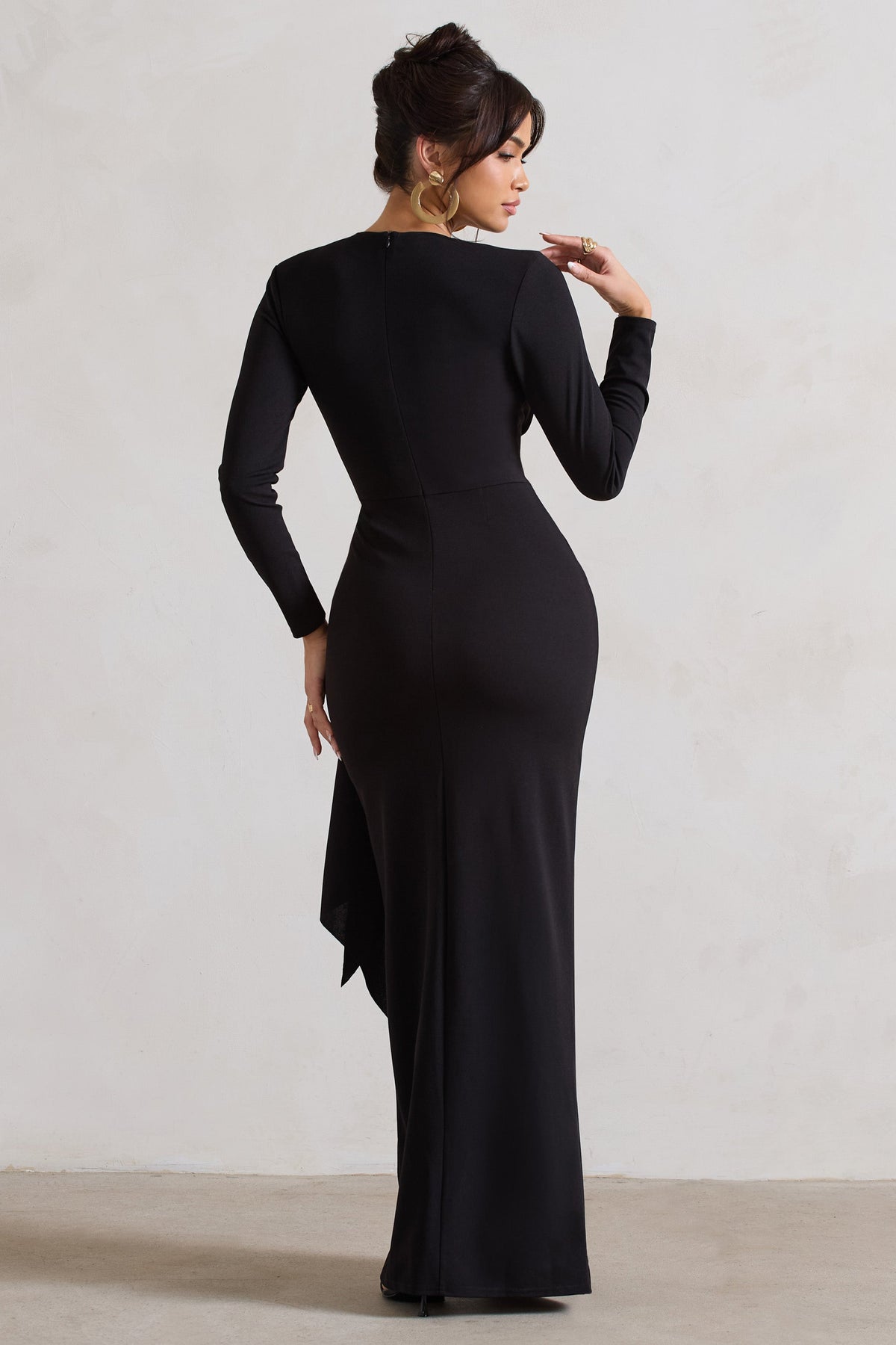 Odetta | Black Plunge-Neck Wrap Maxi Dress With Tie Waist