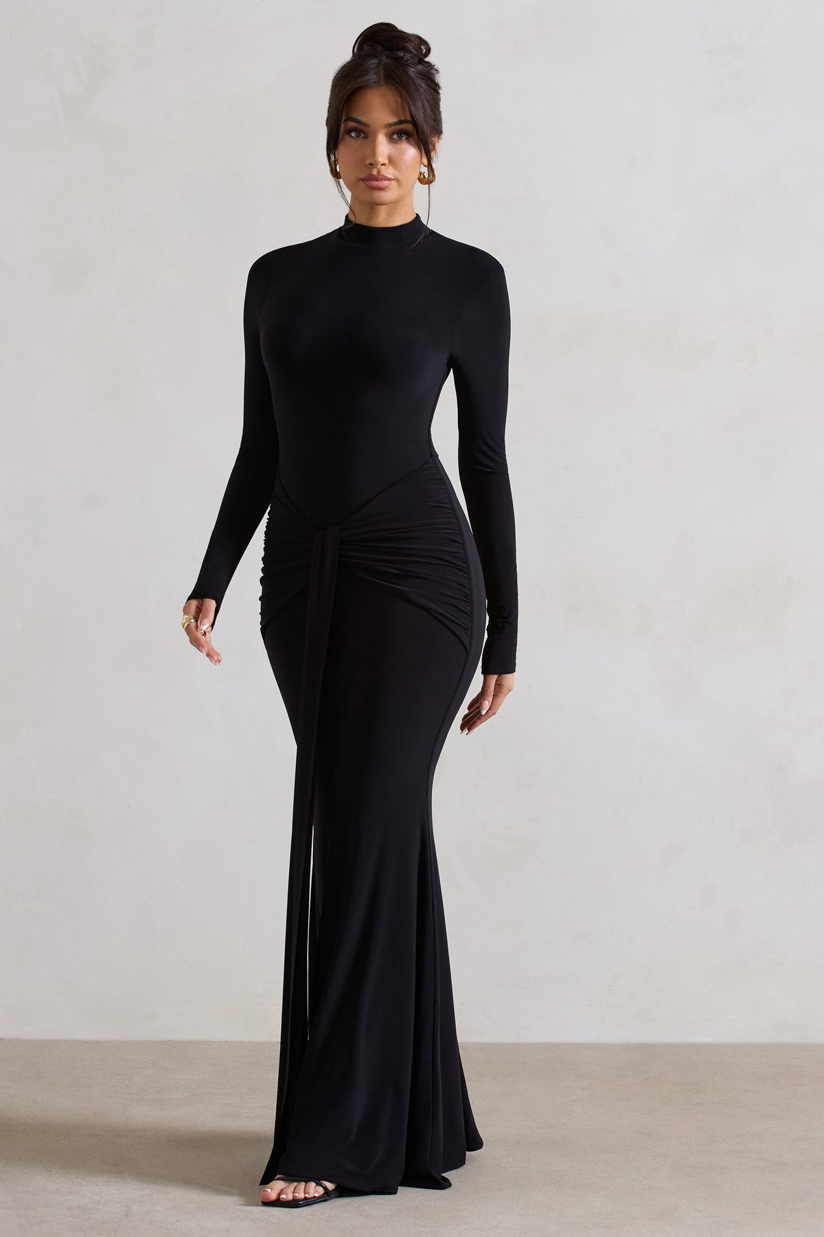 Pietra | Black High-Neck Long Sleeve Knot Maxi Dress