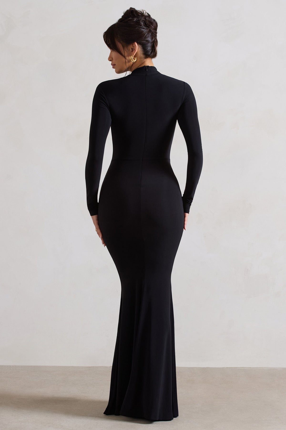 Pietra | Black High-Neck Long Sleeve Knot Maxi Dress