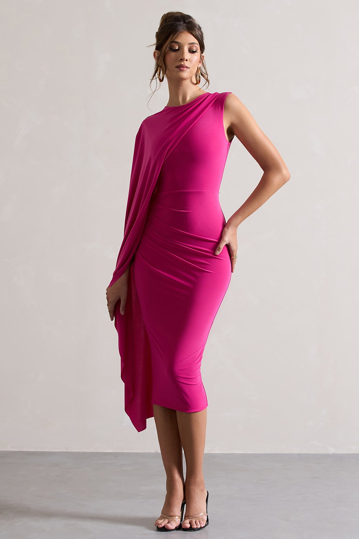 Reveal | Dark Pink One-Sleeve Cape Midi Dress