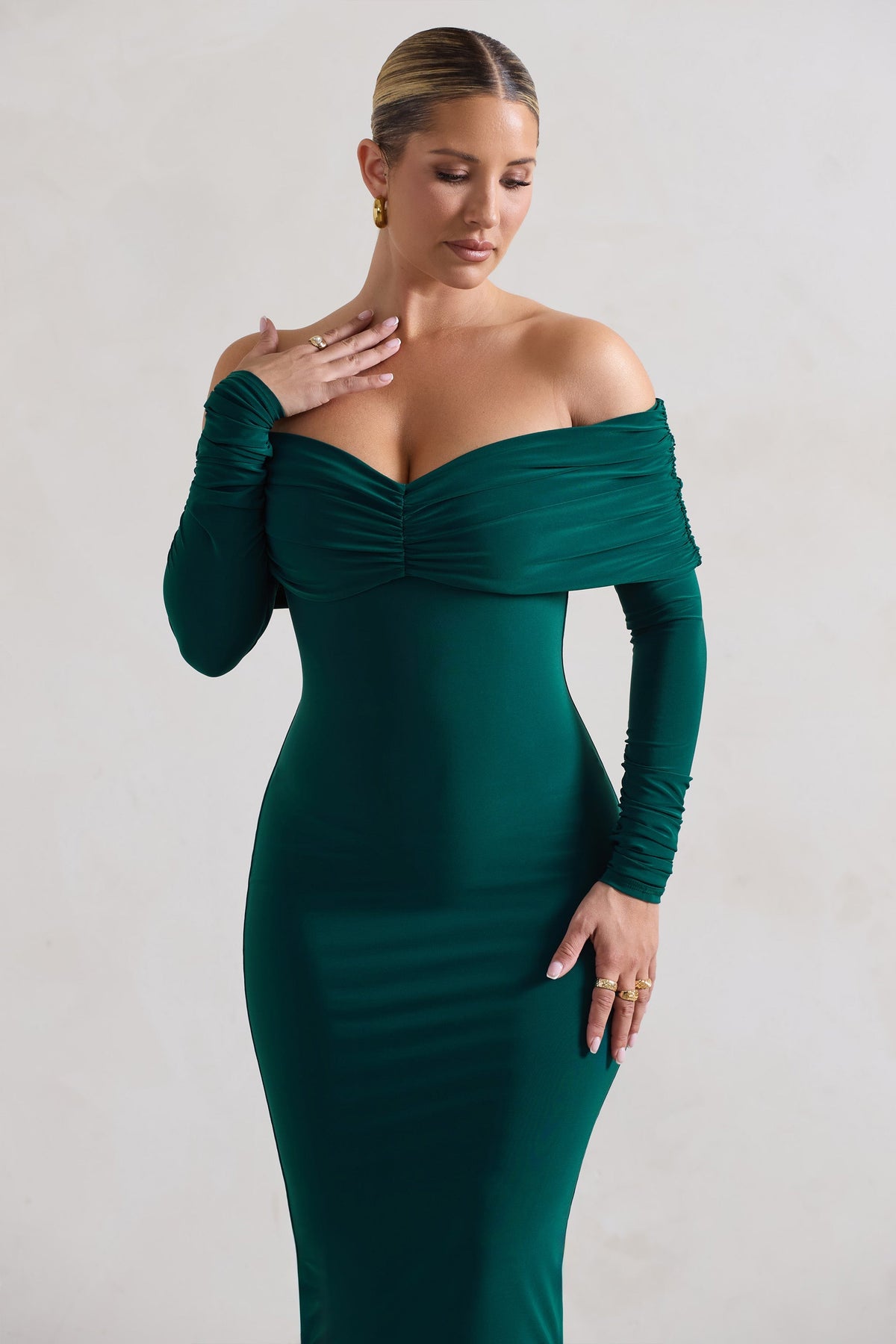 Marcella | Bottle Green Bodycon Bardot Midi Dress