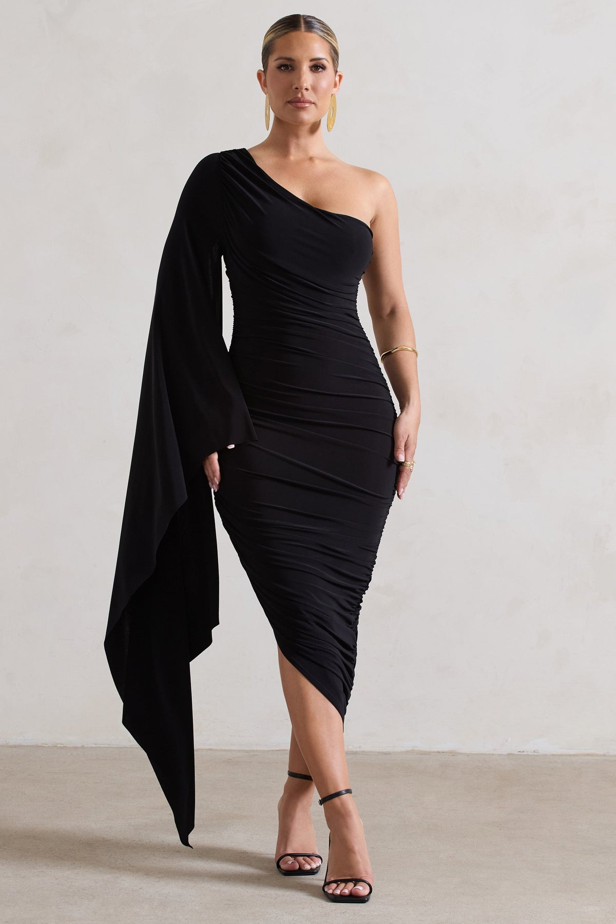 Halsey | Black Ruched Asymmetric Midi Dress With Cape Sleeve