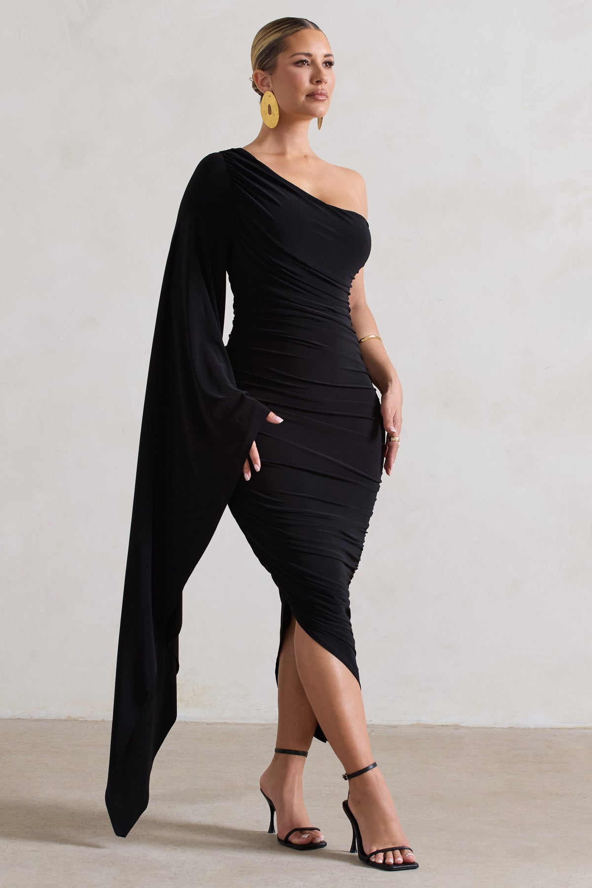 Halsey | Black Ruched Asymmetric Midi Dress With Cape Sleeve