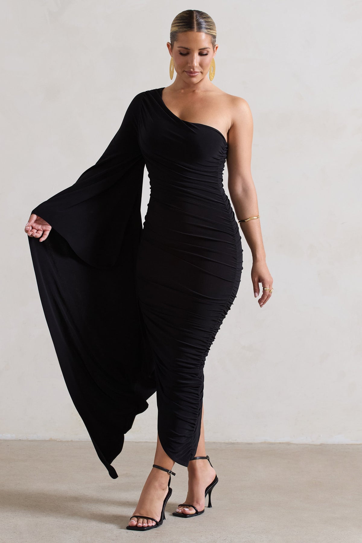 Halsey | Black Ruched Asymmetric Midi Dress With Cape Sleeve