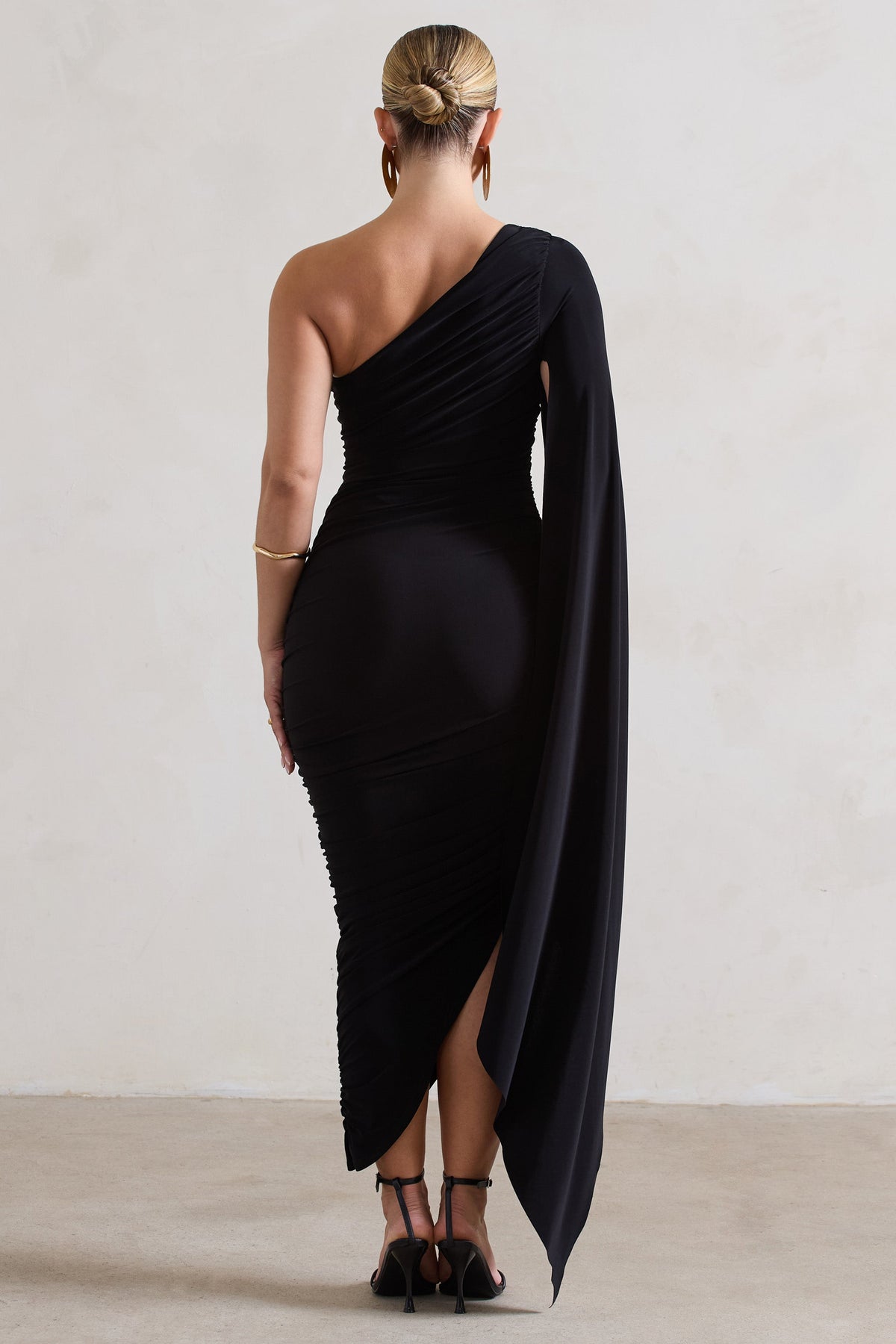 Halsey | Black Ruched Asymmetric Midi Dress With Cape Sleeve