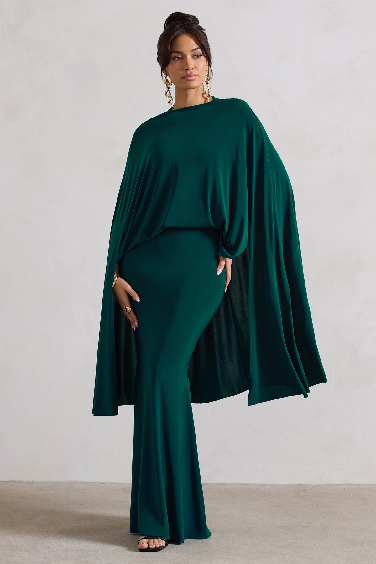 Charmaine | Bottle Green High-Neck Maxi Dress With Cape