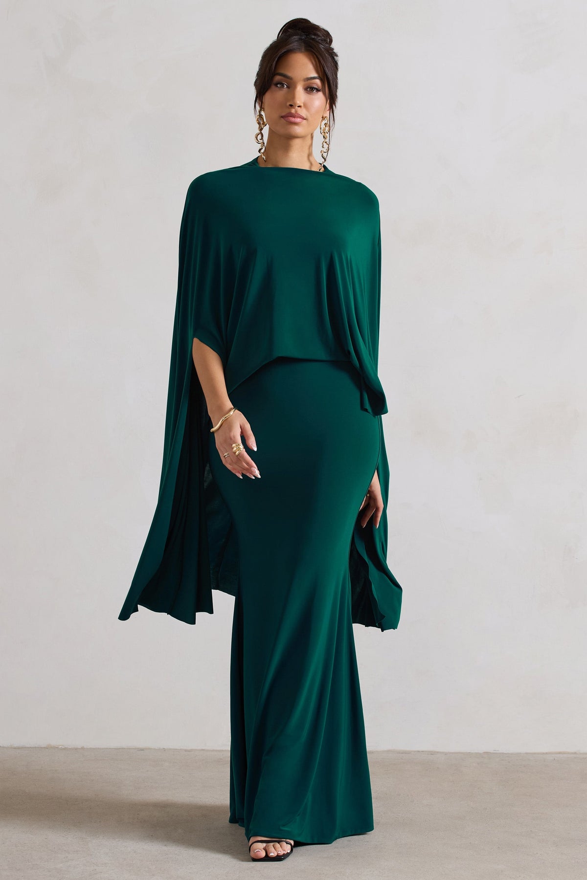 Charmaine | Bottle Green High-Neck Maxi Dress With Cape