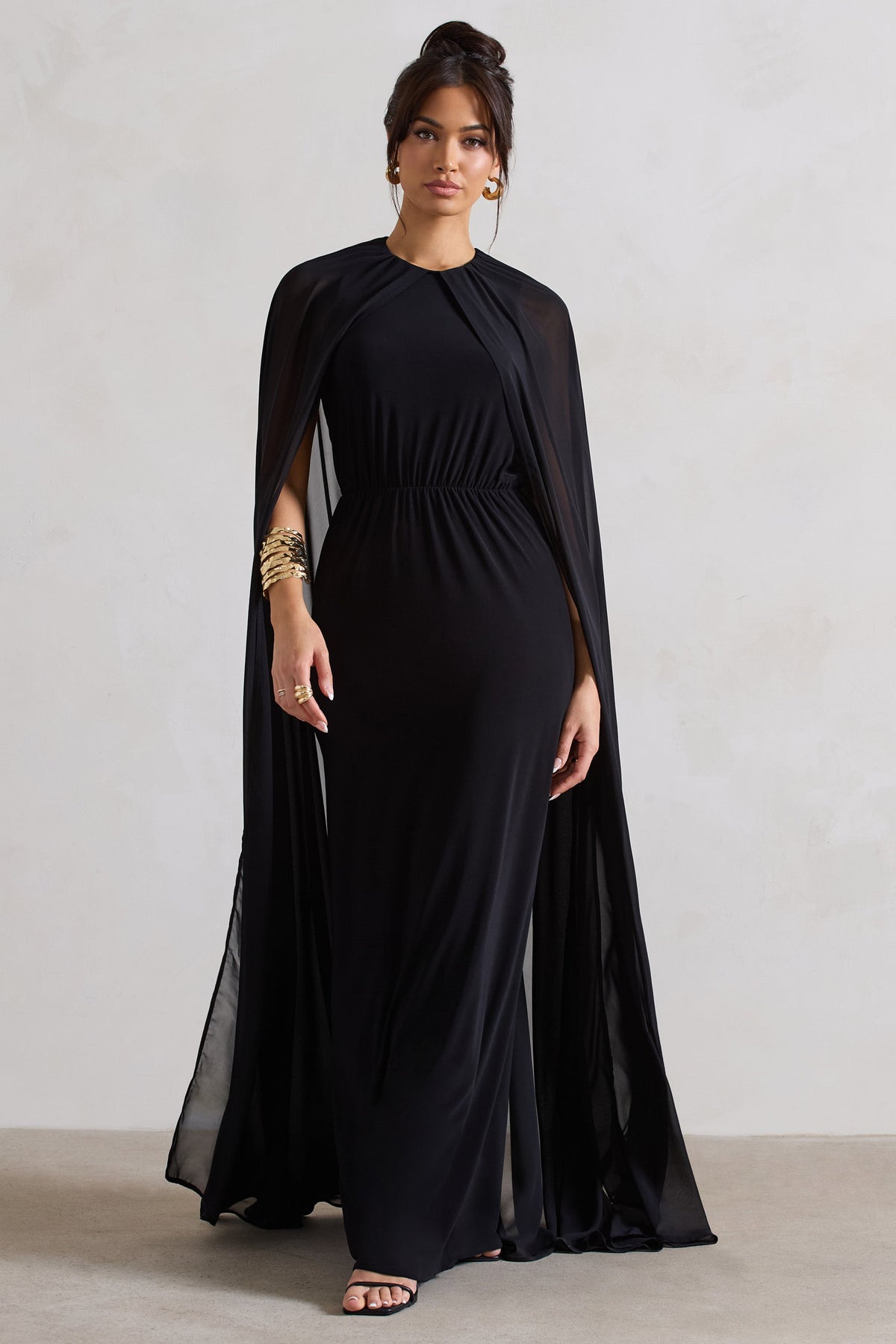 Envy Black Gathered Maxi Dress With Chiffon Cape Club L London - SA Envy Black Gathered Maxi Dress With Chiffon Cape Club L London - SA