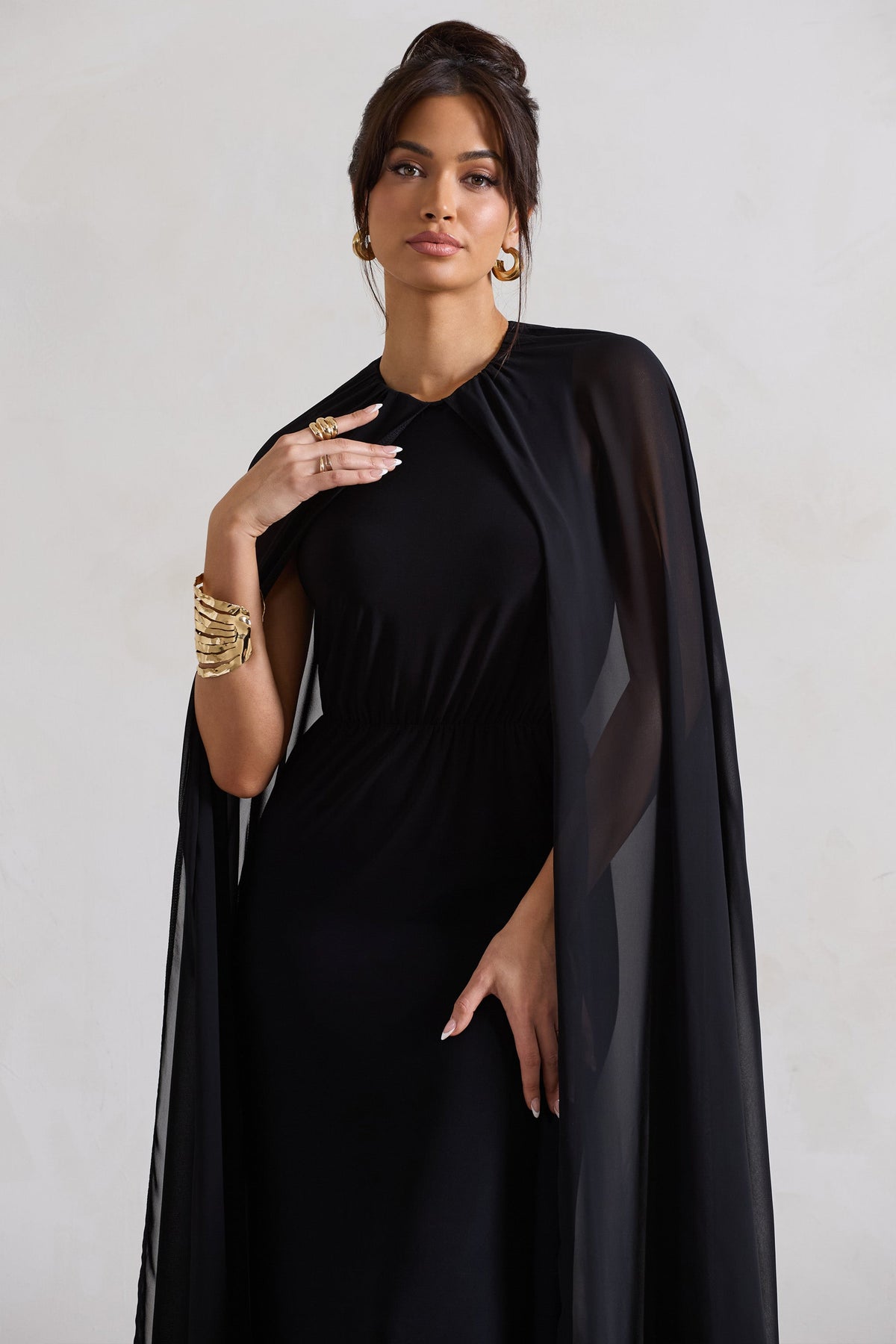 Envy Black Gathered Maxi Dress With Chiffon Cape – Club L London Envy Black Gathered Maxi Dress With Chiffon Cape – Club L London