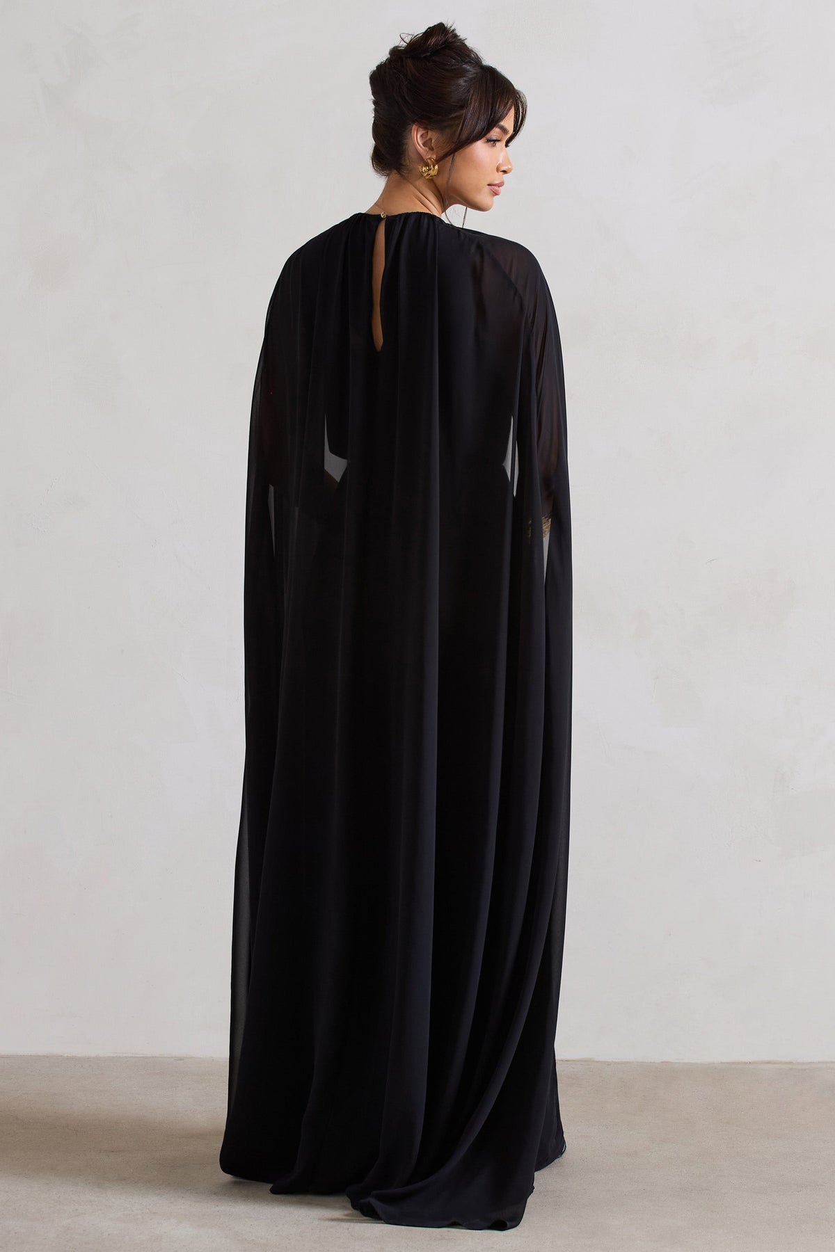 Envy Black Gathered Maxi Dress With Chiffon Cape Club L London - SA Envy Black Gathered Maxi Dress With Chiffon Cape Club L London - SA