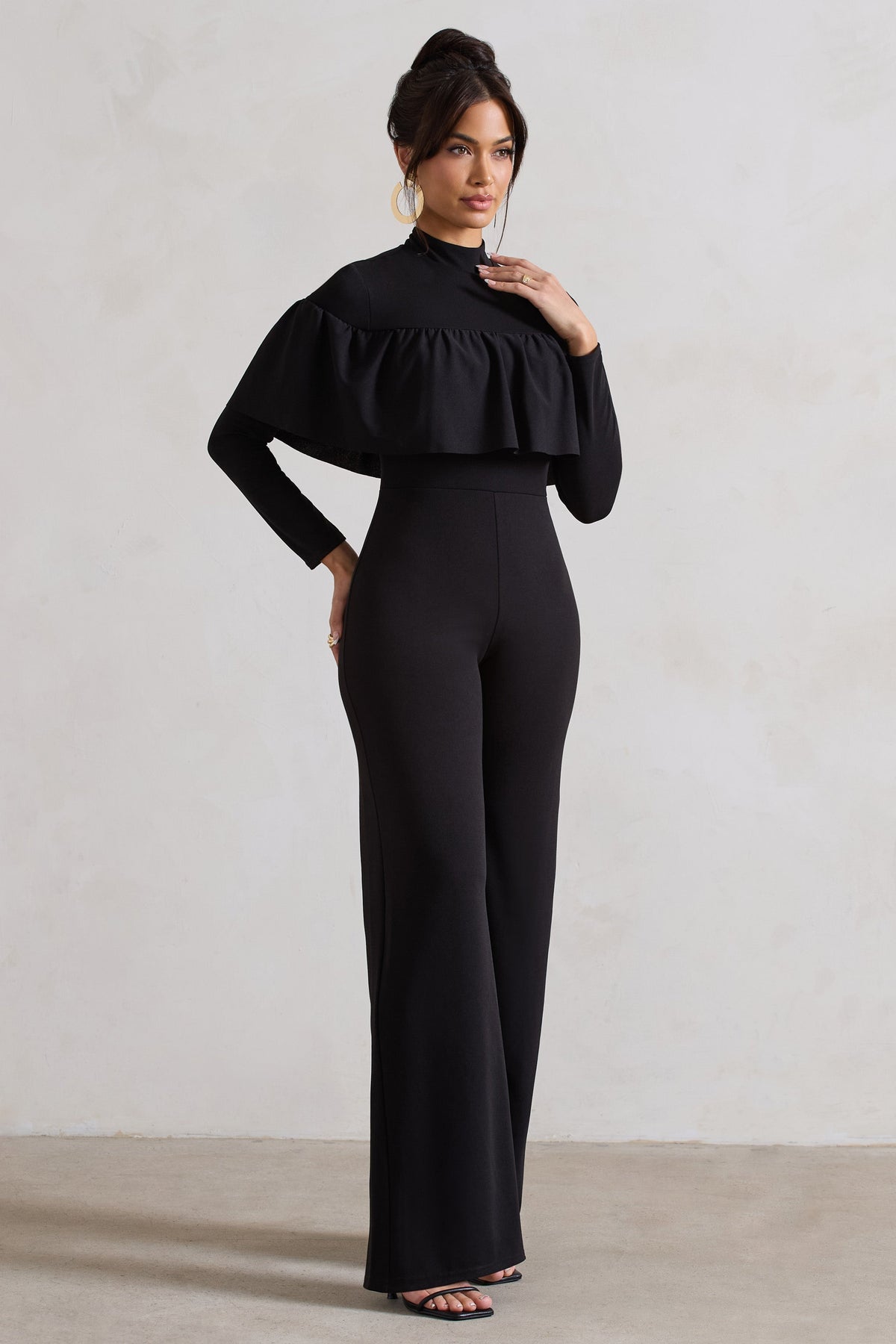 For The Frill | Black High-Neck Straight-Leg Jumpsuit With Frills