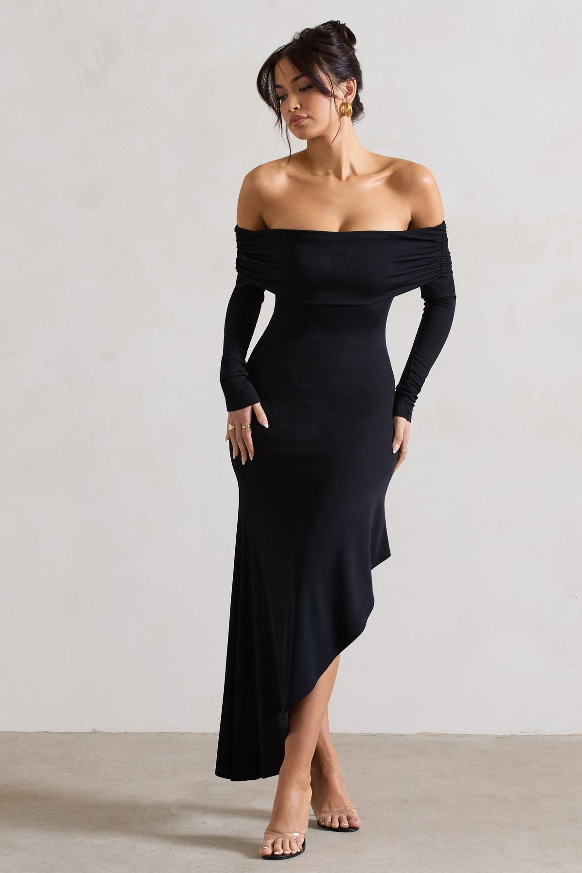 Romina | Black Rib Knit Bardot Maxi Dress With Asymmetric Hem