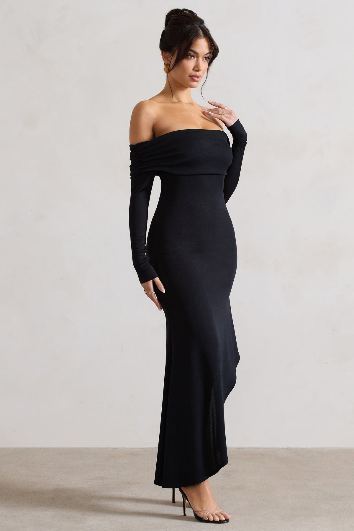 Romina | Black Rib Knit Bardot Maxi Dress With Asymmetric Hem