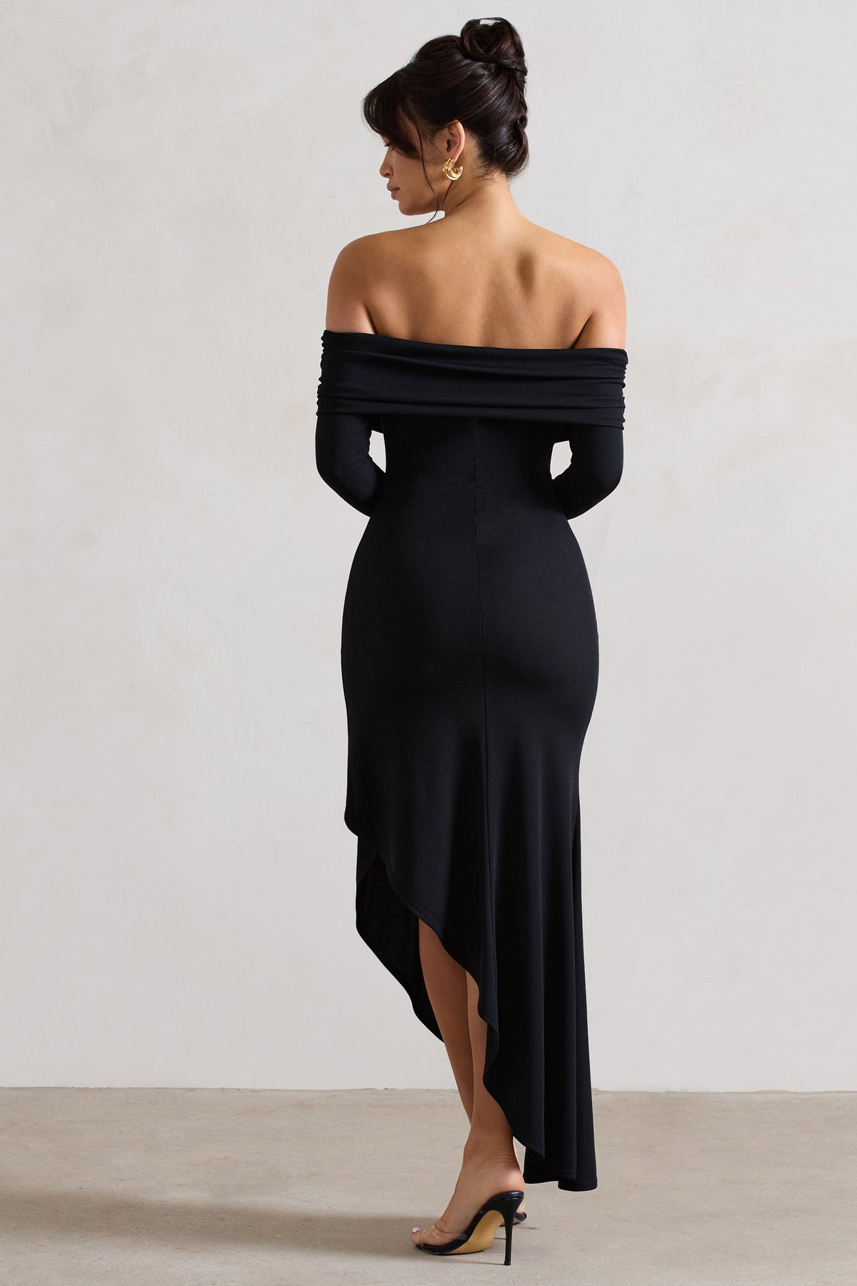 Romina | Black Rib Knit Bardot Maxi Dress With Asymmetric Hem