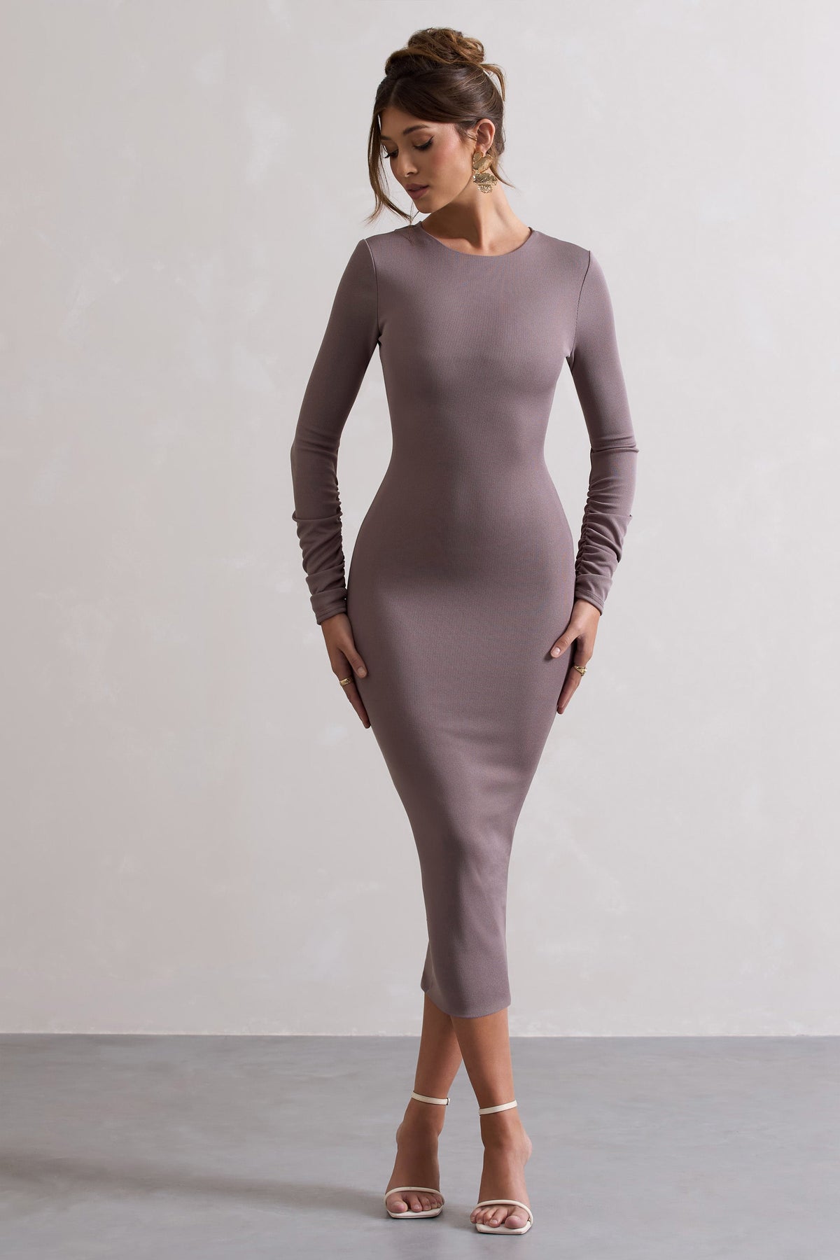 Madden | Taupe Rib Knit Cowl-Back Midi Dress