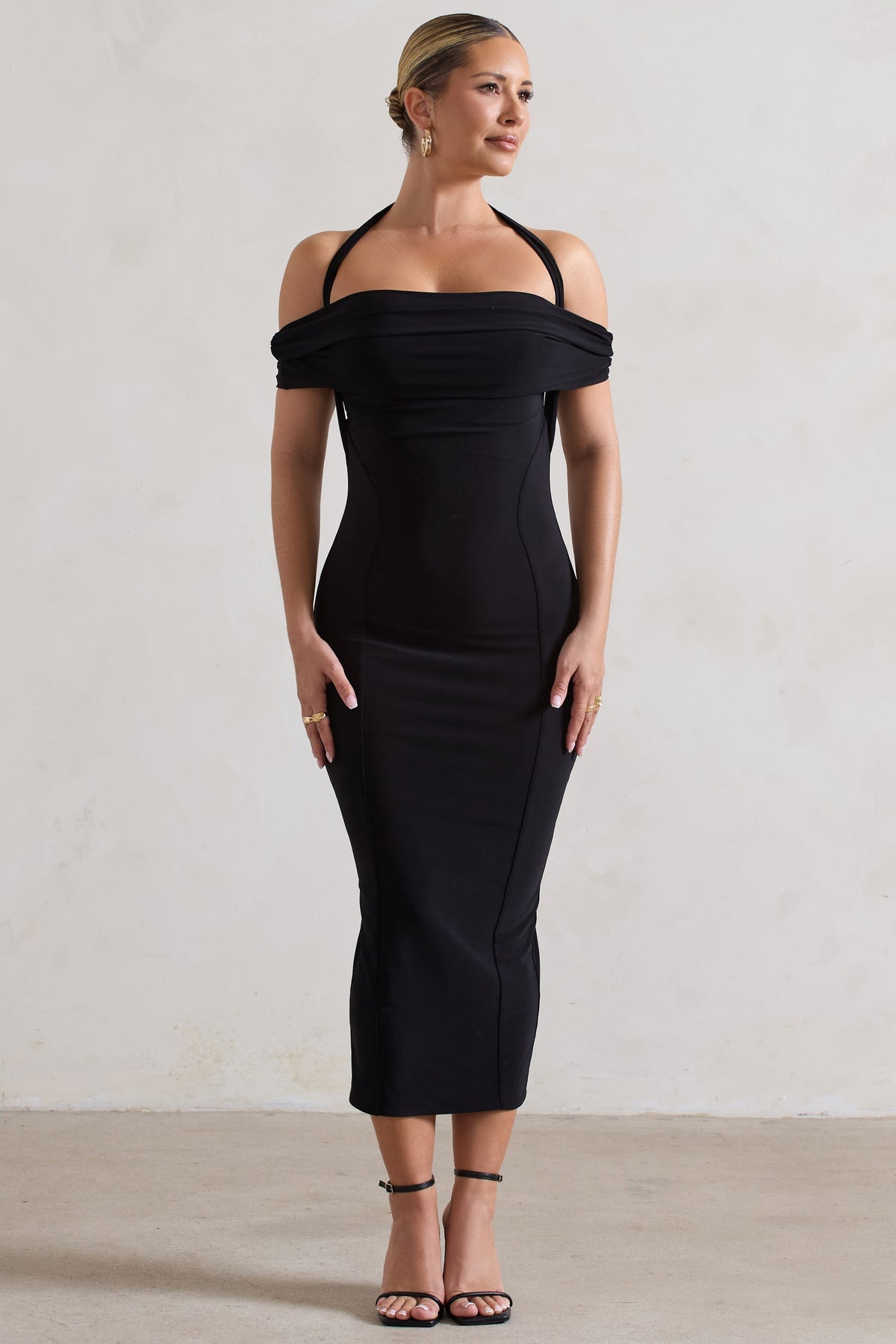 Gwen | Black Bardot Halter-Neck Midi Dress