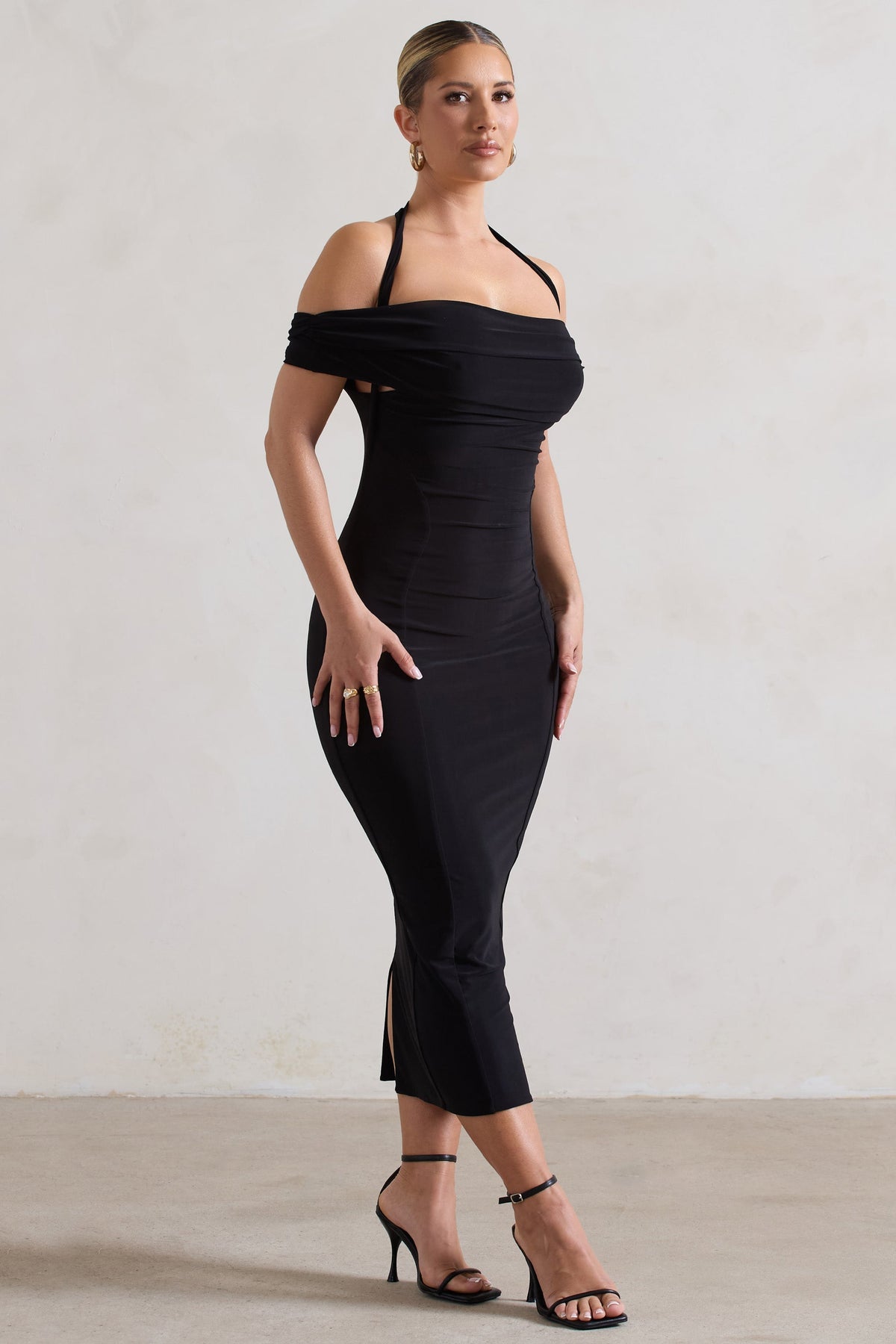 Gwen | Black Bardot Halter-Neck Midi Dress