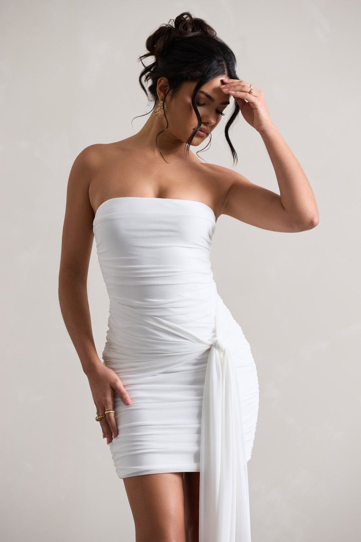 Jesse | White Ruched Mini Dress With Knot Detail