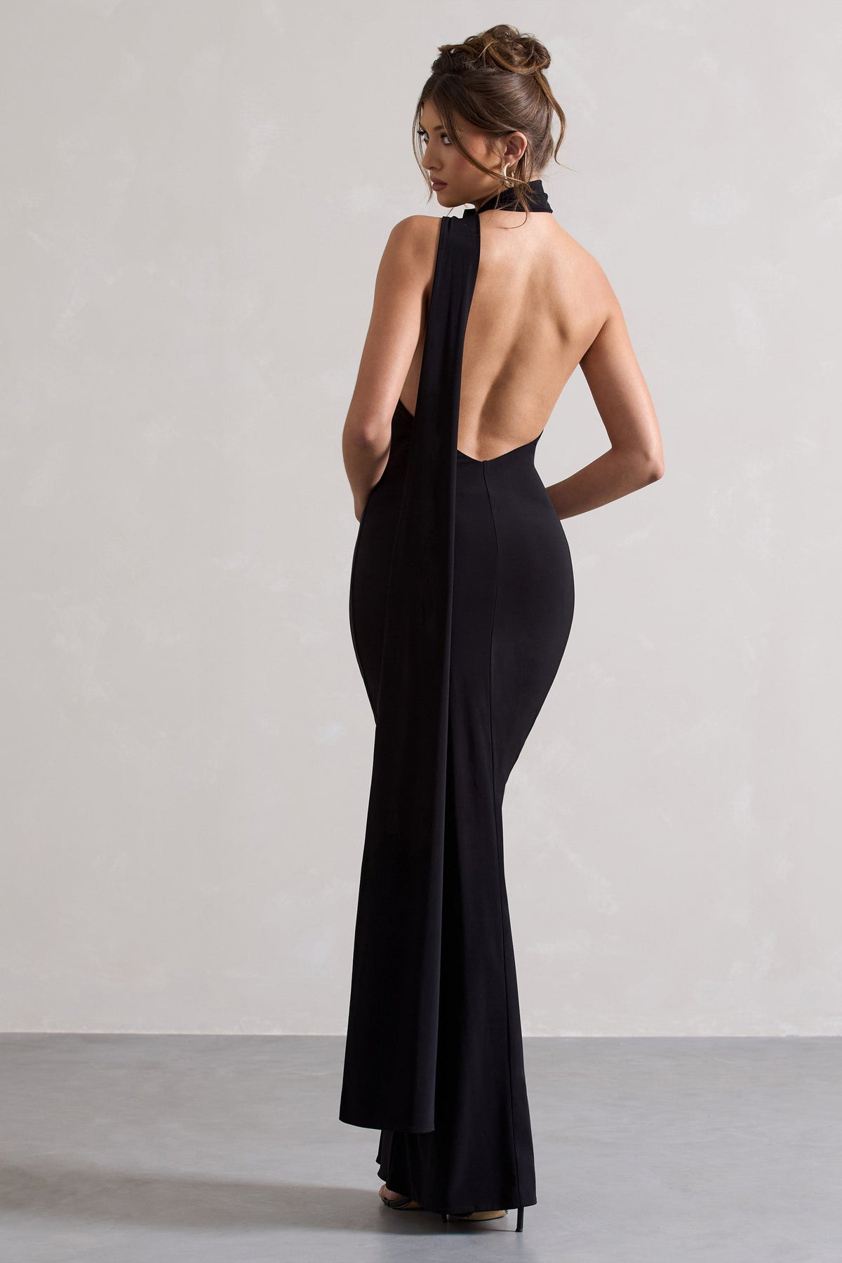 Miss | Black Asymmetric Backless Maxi Dress With Scarf