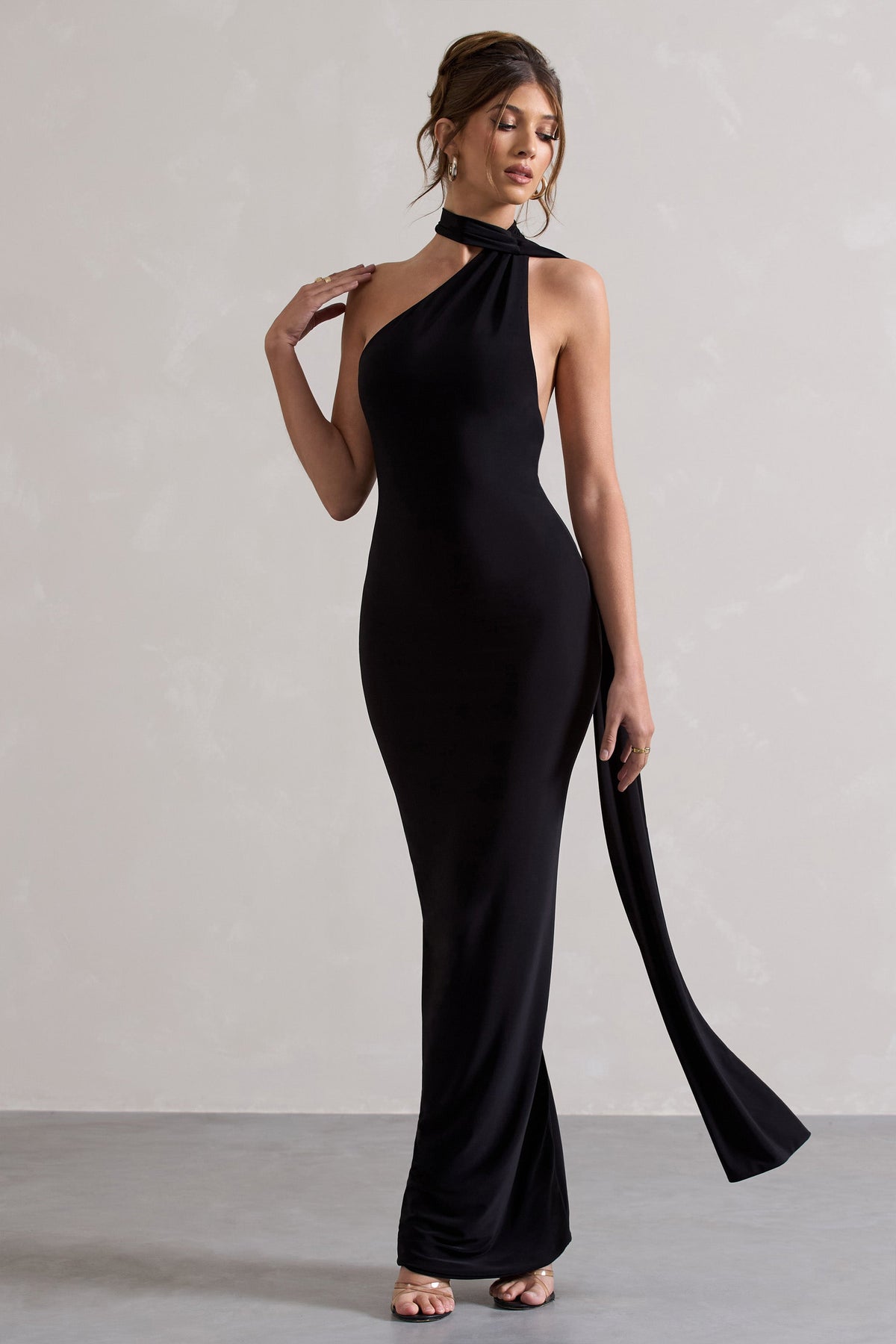 Miss | Black Asymmetric Backless Maxi Dress With Scarf