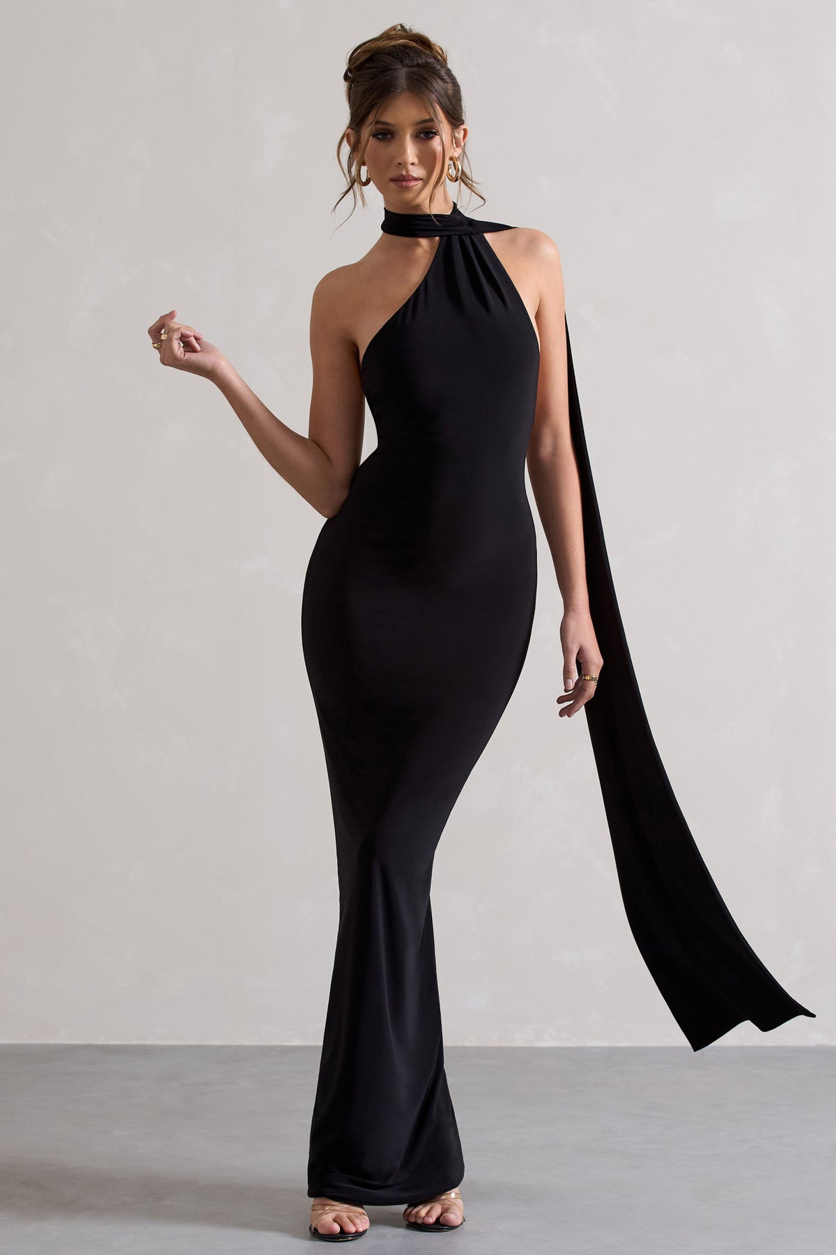 Miss | Black Asymmetric Backless Maxi Dress With Scarf