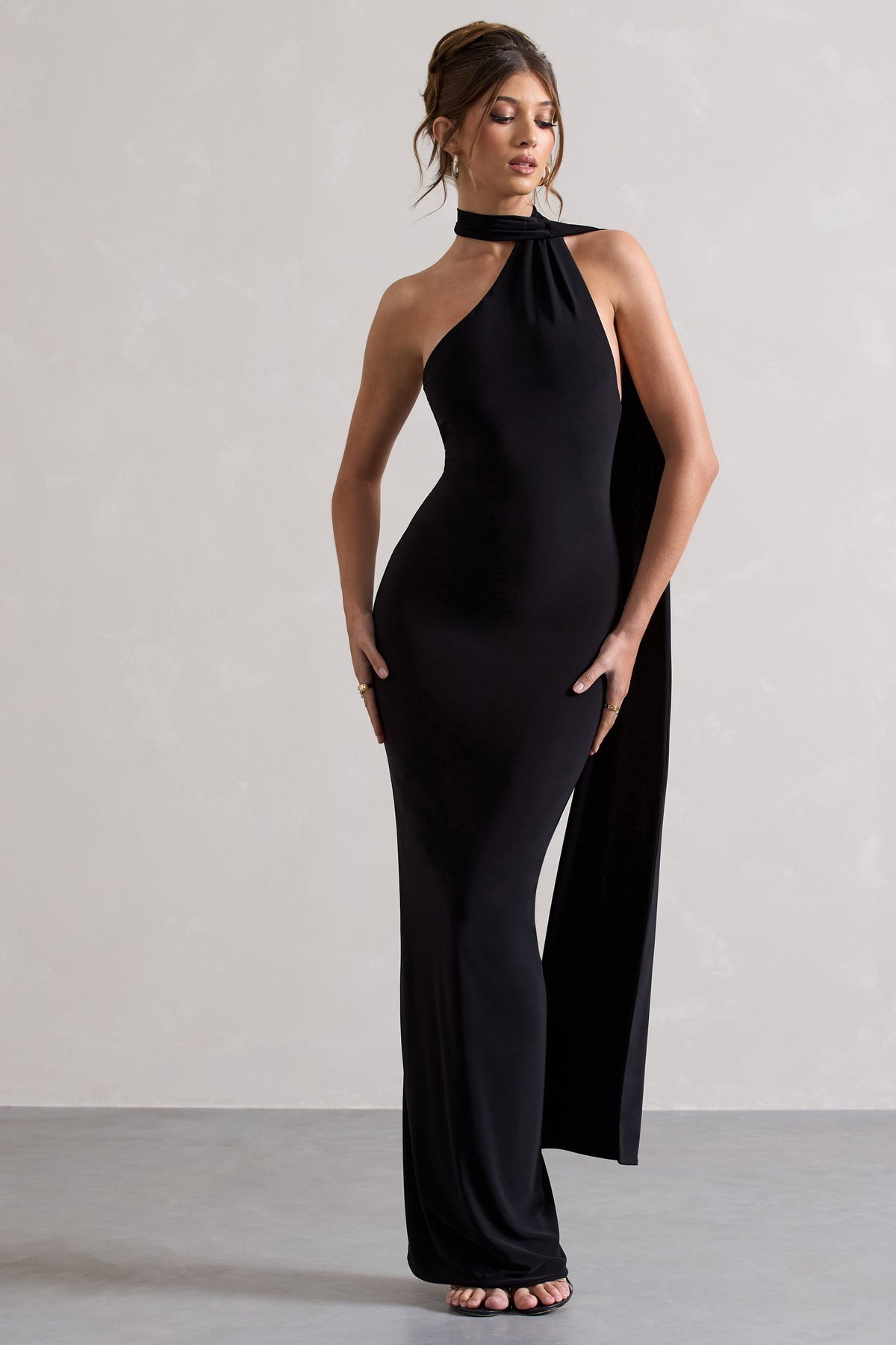 Miss | Black Asymmetric Backless Maxi Dress With Scarf