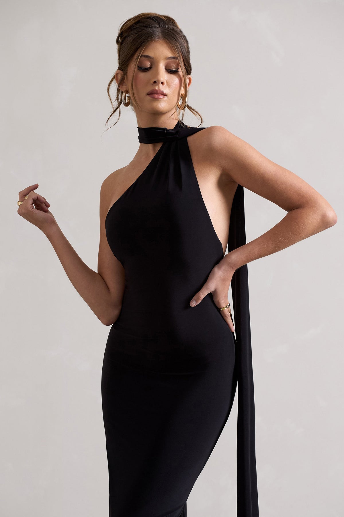 Miss | Black Asymmetric Backless Maxi Dress With Scarf