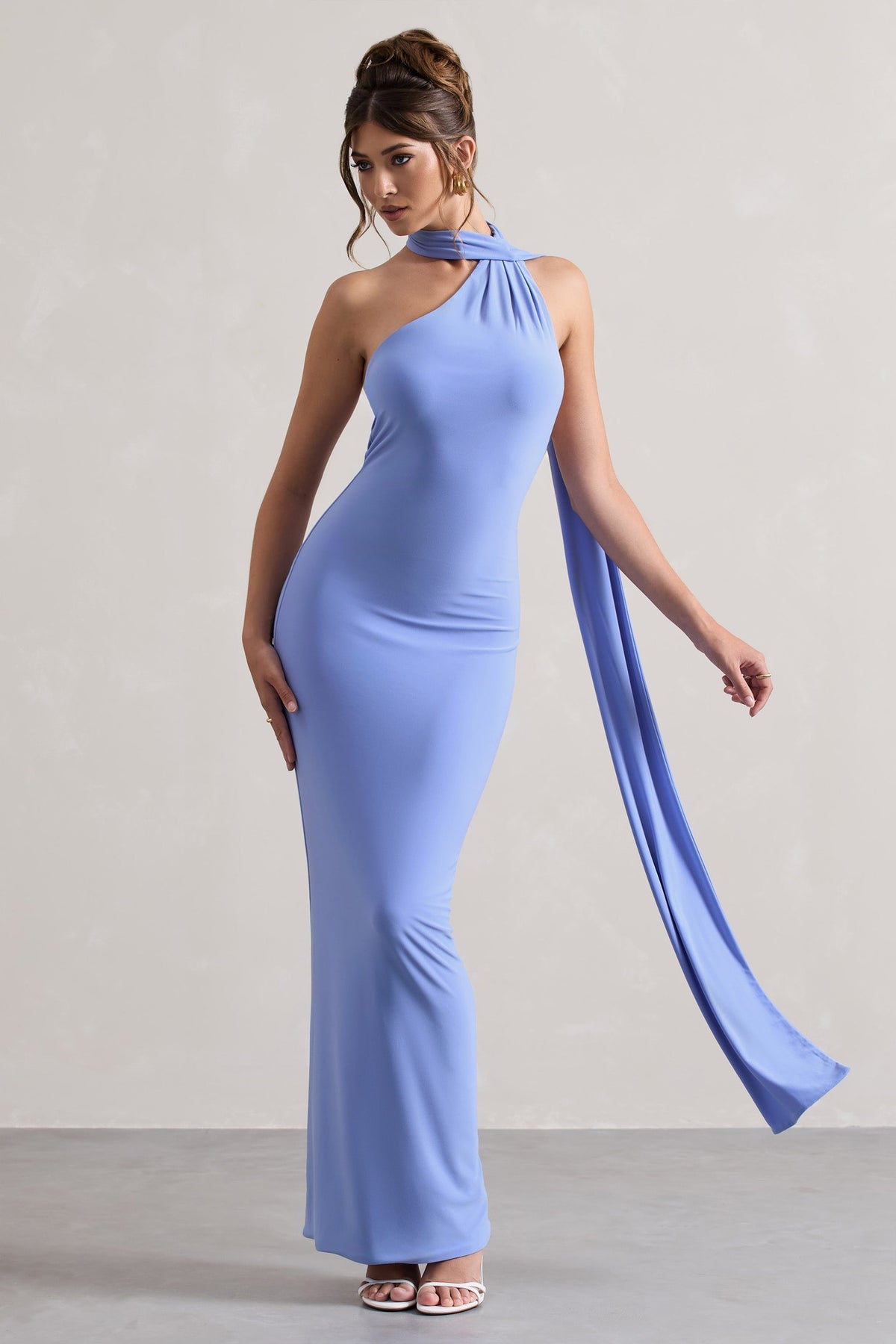 Miss | Pale Blue Asymmetric Backless Maxi Dress With Scarf