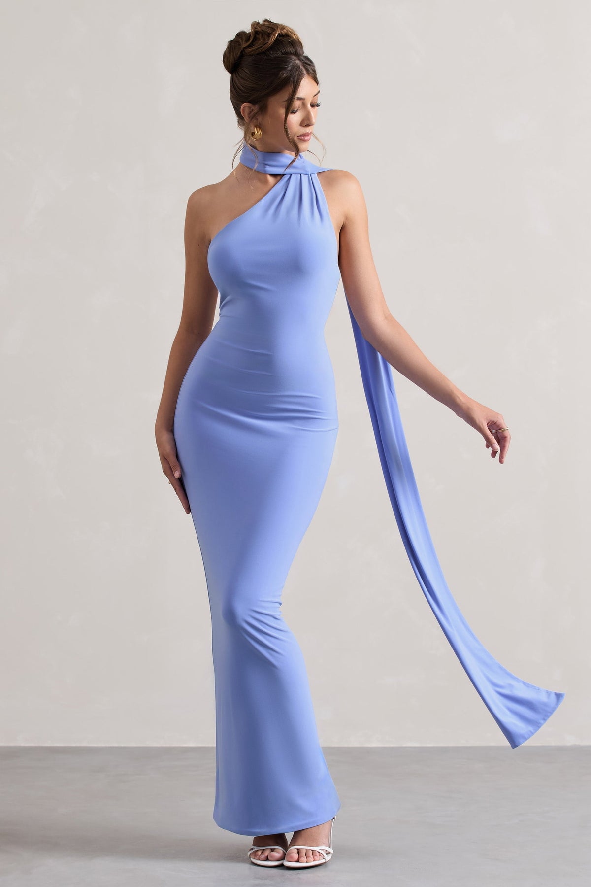 Miss | Pale Blue Asymmetric Backless Maxi Dress With Scarf