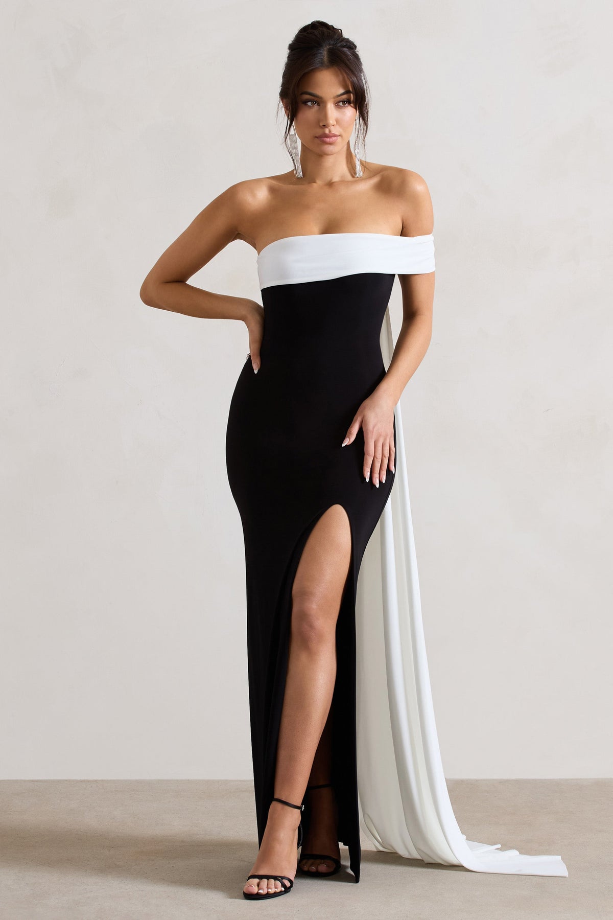 Legacy | Black & White Bardot Split Maxi Dress With Drape