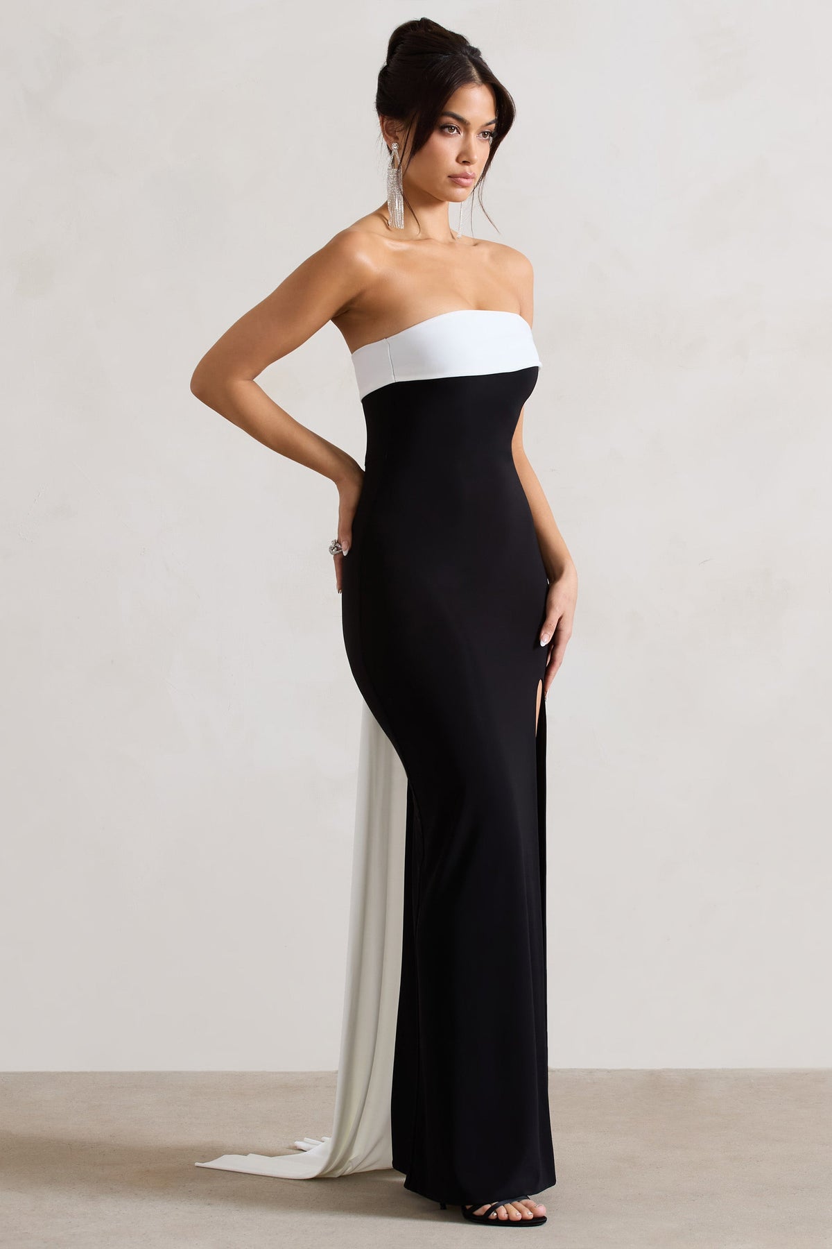 Legacy | Black & White Bardot Split Maxi Dress With Drape