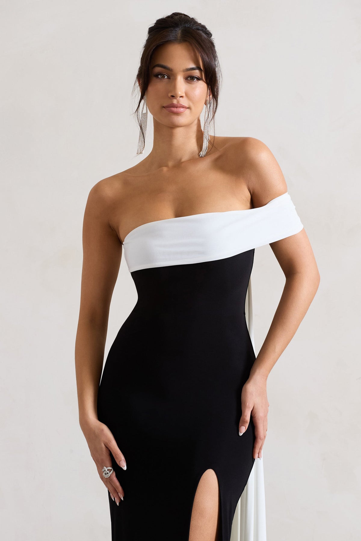 Legacy | Black & White Bardot Split Maxi Dress With Drape