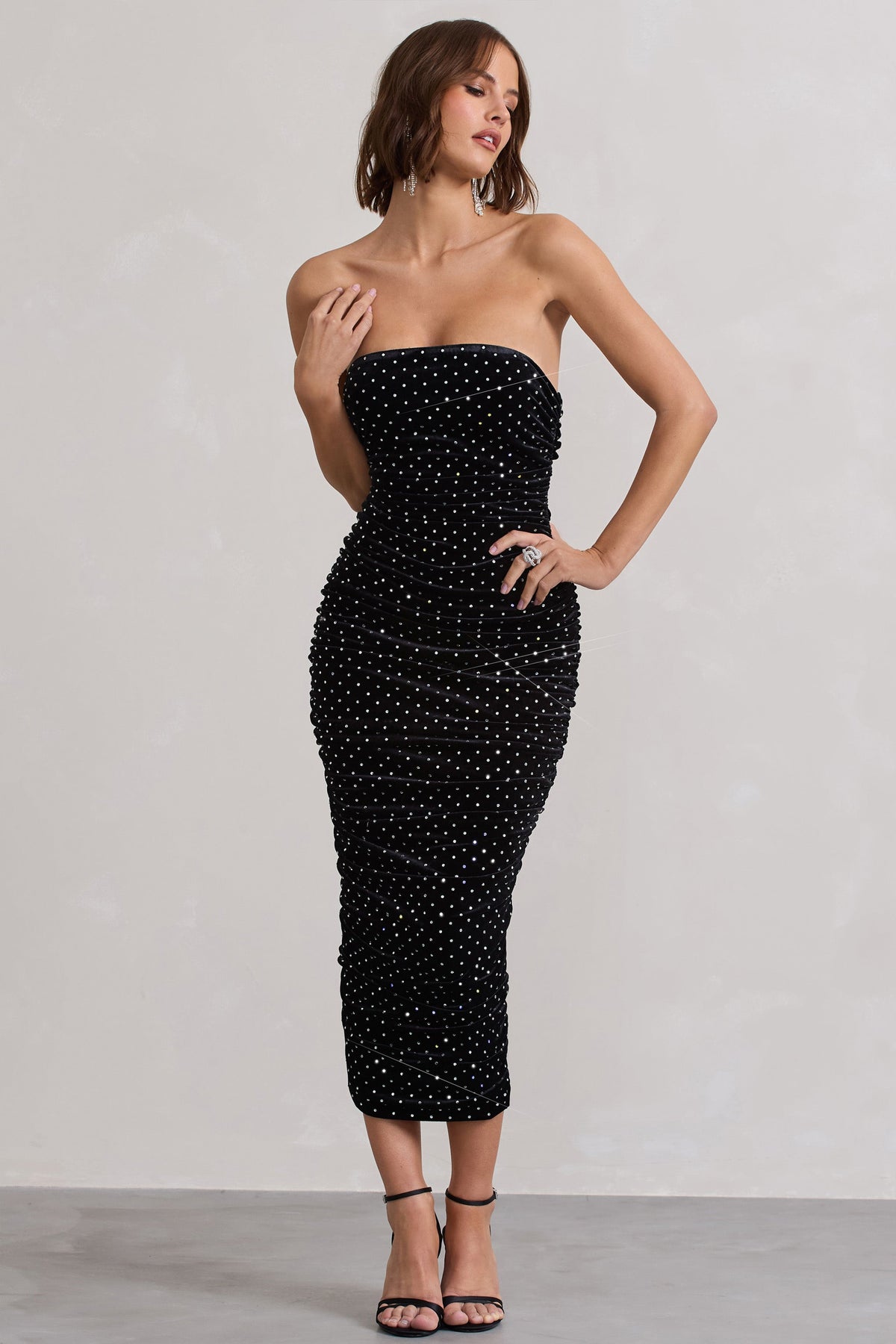 In A Daze Black Bodycon Embellished Strapless Midi Dress Club L London - SA In A Daze Black Bodycon Embellished Strapless Midi Dress Club L London - SA