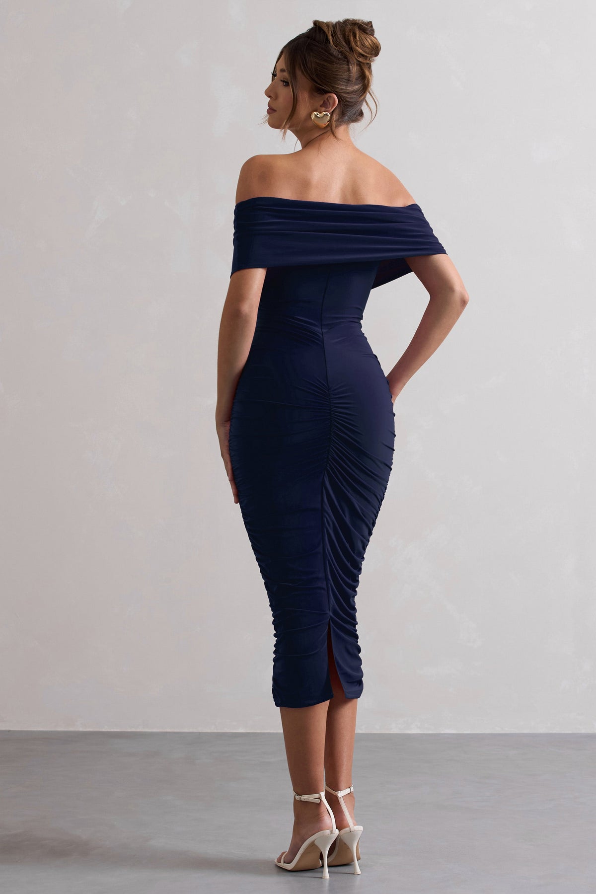 Unwrapped | Navy Ruched Twist Bardot Midi Dress